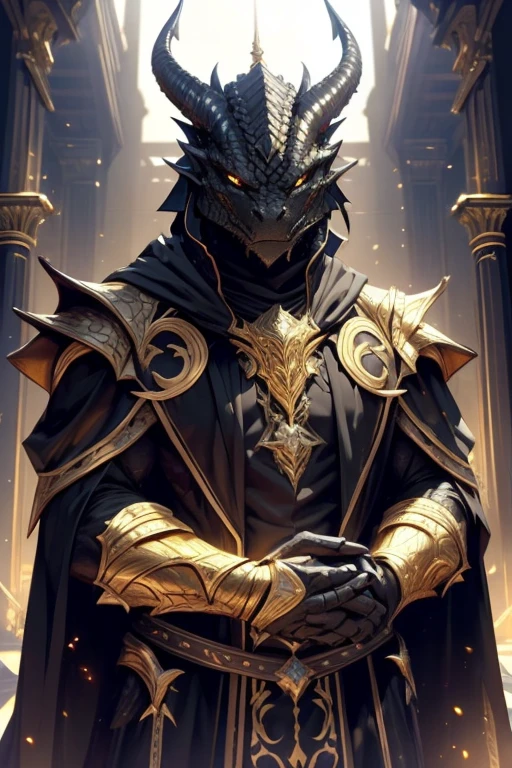 (black dragonborn, male, golden horns, solo portrait, black scales, scales, reptilian face, res eyes) tail, buff, golden armor, golden chest armor, golden gauntlets, golden gauntlets,  black cloak, black robes, inside, books, close-up, standing outside, good lighting, daytime, infront of temple ((masterpiece, best quality)), art by greg rutkowski