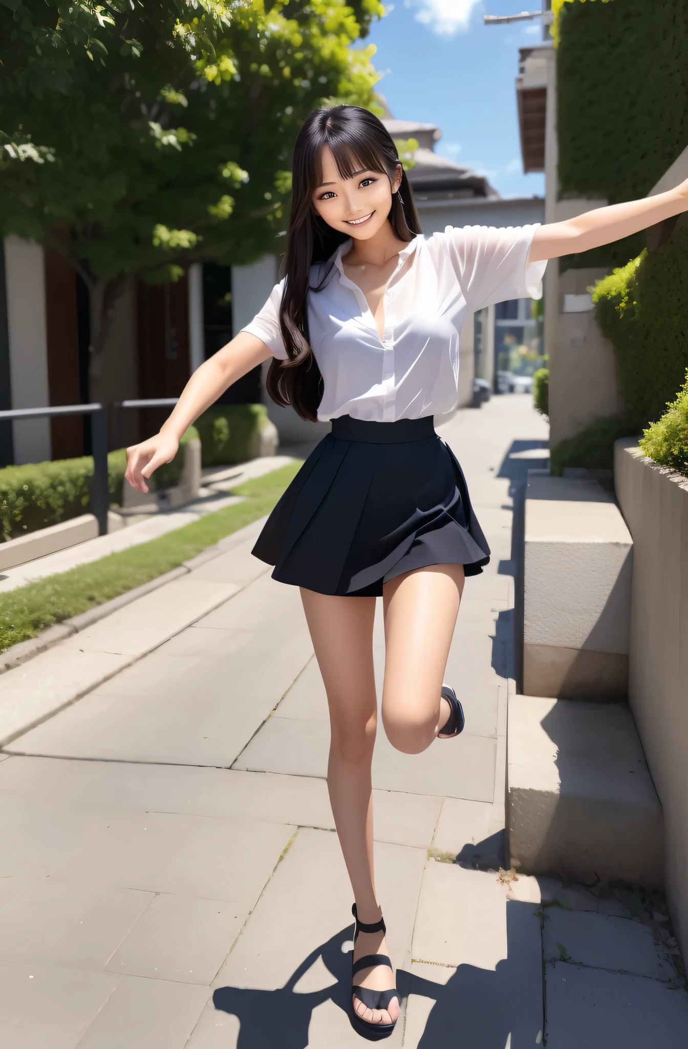 One Woman, Smiling, Shirt, Skirt, (Small) Chiller Rhythm, Black long-haired, (dash and run around), bangss, s lips、without makeup、short eyelashes、watching at viewers、A smile、Photorealsitic、high-level image quality、masutepiece, Best Quality, 8K, Beautie、Fine details