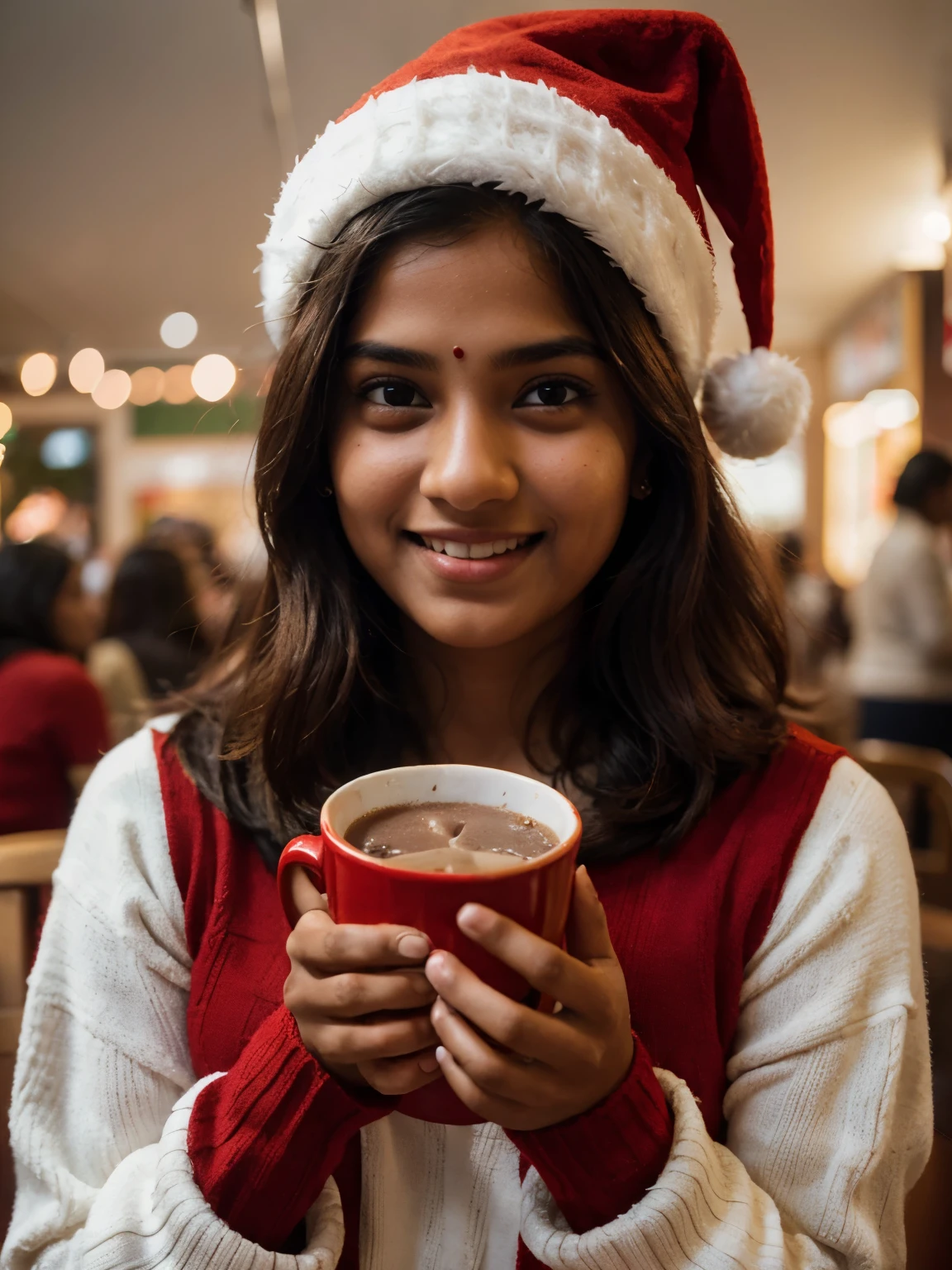 1cute confident young indian girl wearing a thick red sweater and a santa hat drinking hot chocolate, smiling, candid, height 160 centimetres, petite build, fair skin, average hair length of 60 centimetres, photorealistic, detailed eyes, highly detailed, 8k, high contrast, detailed skin texture, ultra-detailed