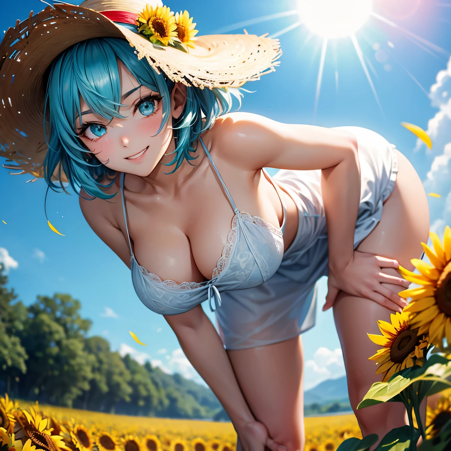 from front, fisheye lens, looking at viewer, breast focus, face, 22yo beautiful 1girl, (bent_over:1.5), outstretched hand, large breasts, sagging breasts, cleavage, white chemise, wet, (spoken heart:1.3), sunflower field, (depth of field:1.3), aqua hair, short hair, volumey messy hair, gleaming skin, strong light coming in, lens flare, straw hat, break (wink:1.5), grin, smile