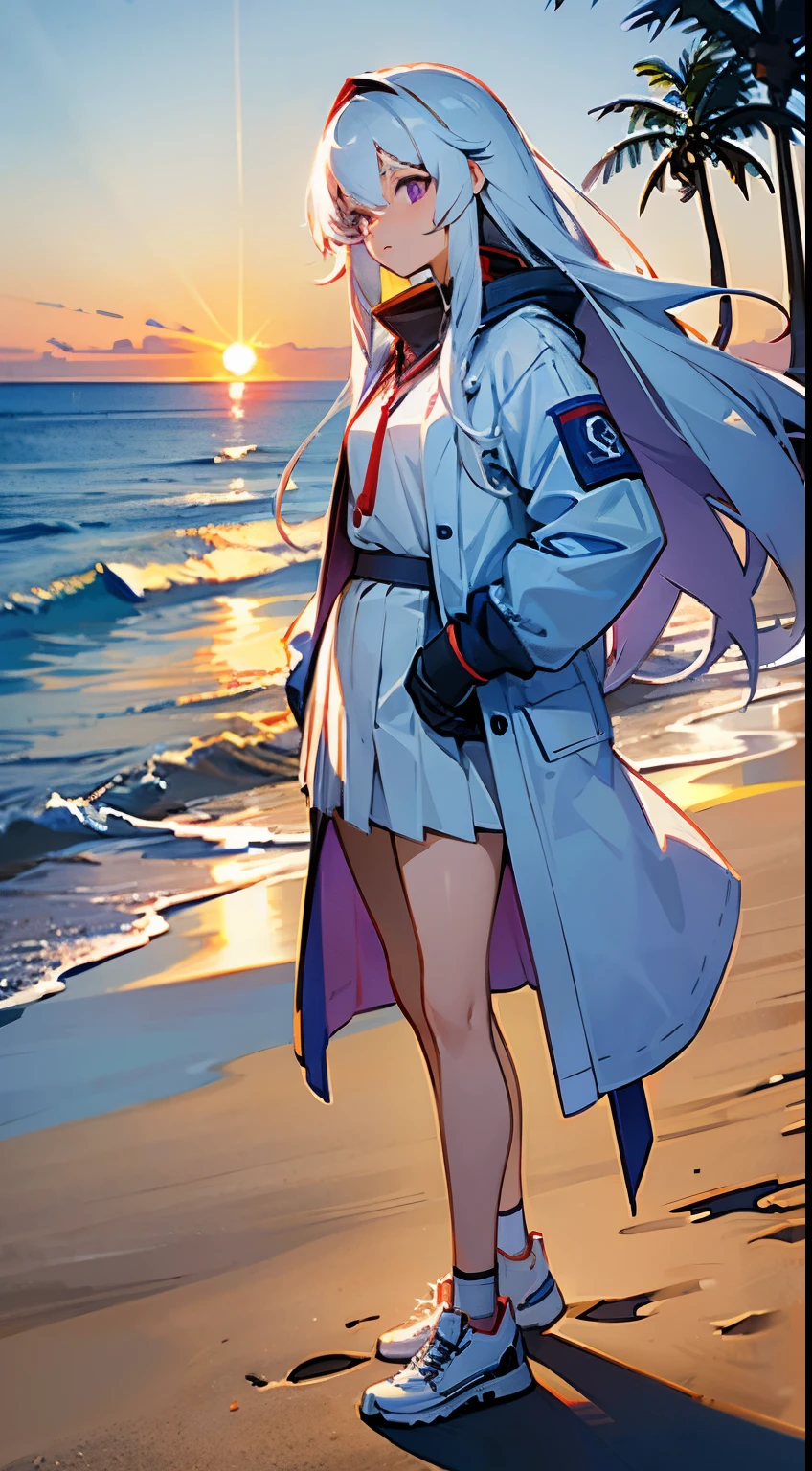 sandbeach，beachside，the sunset，Long white hair，Purple eye，White coat，White pleated skirt，8K分辨率，White sneakers