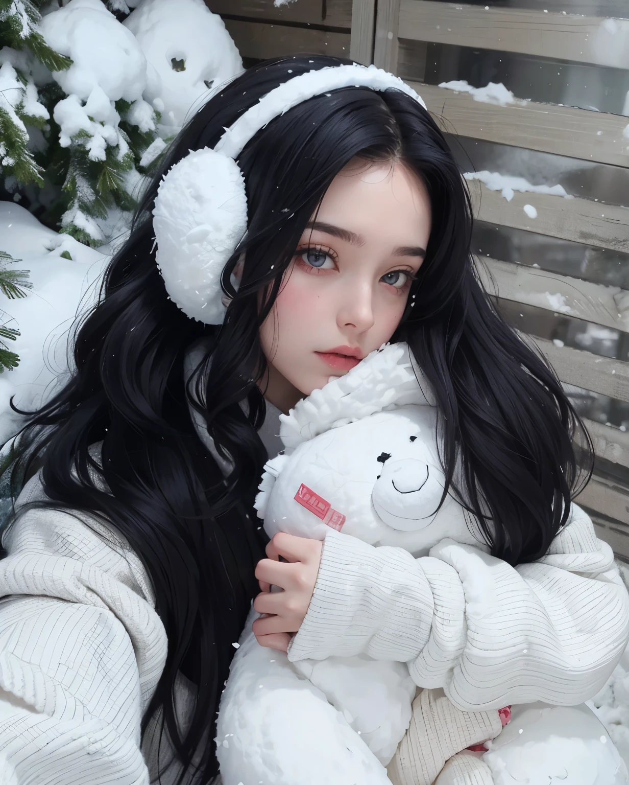 Arafed woman in white sweater and earmuffs holding a teddy bear.., frio como ! 🧊, cubierto de nieve, Violeta Myers, Ava Max, Cerveza Madison, en la nieve, su cabello es blanco, en la nieve, very long snow colored hair, Retrato Sophie Mudd, Vibraciones invernales, Imagen de perfil, Heavy winter aesthetics, Cabello blanco rizado