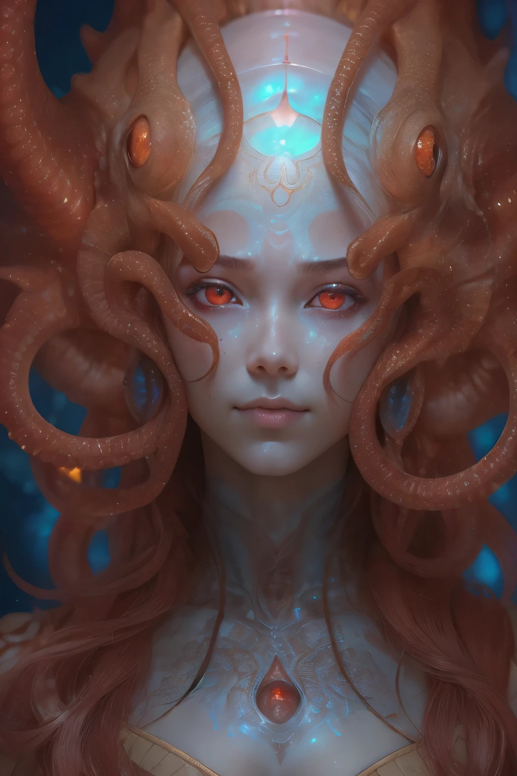 Portrait, (beautiful female alien:1.2), (There is a female genital-like organ in the middle of the forehead..:1.8), (The most beautiful face in the history of the universe:1.2), (scarlet eyes:1.6), (Translucent skin:1.8), an evil gaze that seduces , (red eyes:1.5), Full body like, (sexypose:1.5), alien, No humans, cells are fused, (Lots of translucent tentacles:1.1) (Translucent skin:1.3), extraterrestrial, cell, bio image, 魅惑的, Best Quality, 8K,4K_quality, High Definition, Dramatic Lighting, masutepiece:1.5,cinematic quality, detail up, (Intricate details:1.2), High resolution, High Definition, drawing faithfully, (Thick eyebrows:1.2), Beautiful eyes with fine symmetry, (Ultra detailed eyes:1.2),(Highly detailed face and eyes:1.2), (High-resolution red-eye:1.4), Intimate face, (Super detailed skin quality feeling:1.4), Perfect Anatomy, (Beautiful toned body:1.5), (Moist skin:1.2), No makeup, (dark circles:1.1), long canines, cinematic drawing of characters, ultra high quality model, cinematic quality, detail up, (Intricate details:1.2), High resolution, High Definition, drawing faithfully, Official art, Unity 8K wall , 8K Portrait, Best Quality, Very High resolution, ultra detailed artistic photography, midnight aura, unreal enginee 5, Ultra Sharp Focus, art by alberto seveso, ArtGerm, Roisch, intricate artwork, Medusa, best quality, masutepiece, ultra High resolution, (photos realistic:1.4), Ultra-realistic realism, dream-like, nautilus, Creation of fantasy, Snail, Dream Snail, biopunk nautilus, Thrilling color schemes, Ultra-realistic realism, seductively smiling, Blue tentacles