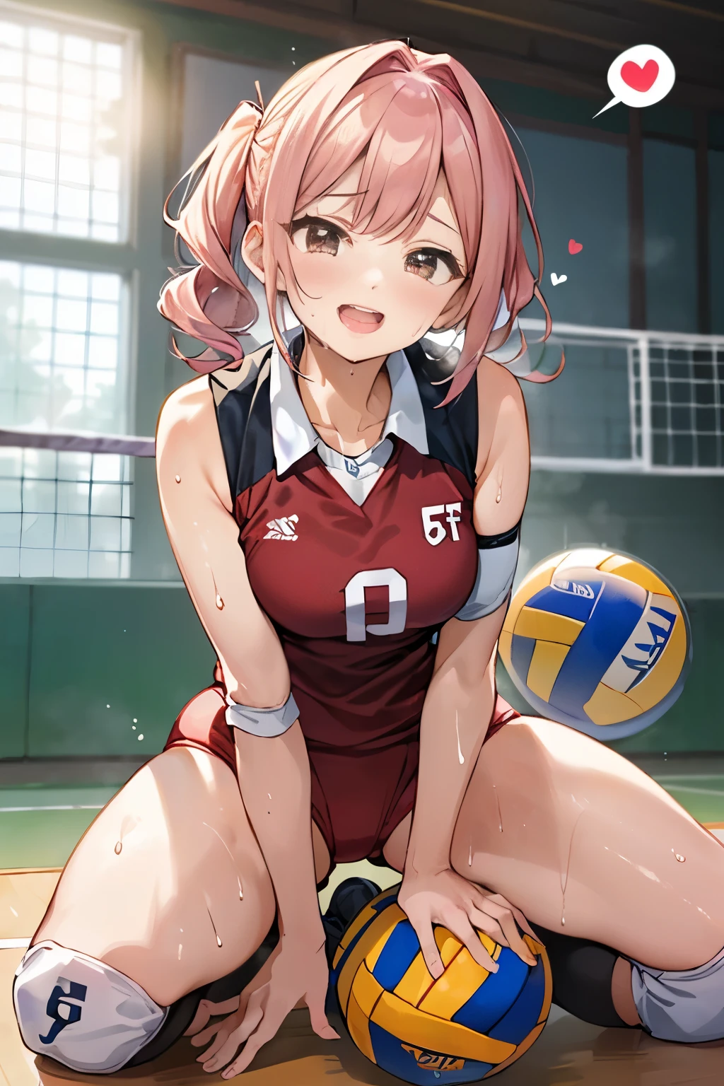 unity 8k wallpaper, anatomically correct, (((masterpiece))), (((best quality))), (((ultra detailed))), (((high-resolution))), ((super fine illustration)), ((Ultimate cutie)), ((perfect hands)), ((perfect finger)), (((good anatomy))), detailed beautiful face, shiny hair, (((gyaru))), (potbelly), (curvy), medium breasts, ((Thick thighs)), (((solo))), ((seductive smile)), (((blush))), (half open mouth),
BREAK, (((sit astride the spherical shape 6-inch volleyball))), (((straddling on the spherical shape 6-inch volleyball))), (((Put crotch right the spherical shape 6-inch volleyball))),
BREAK, (((Rub the spherical shape 6-inch volleyball against crotch)))),
BREAK, (Collared volleyball uniforms), sleeveless, ((buruma)), ((kneepad)), (elbow pad), (((sweat))), (((covered in sweat))), ((deep breathing)), in Volleyball Court, indoor, lighting, looking at viewer, full body, (spoken heart)