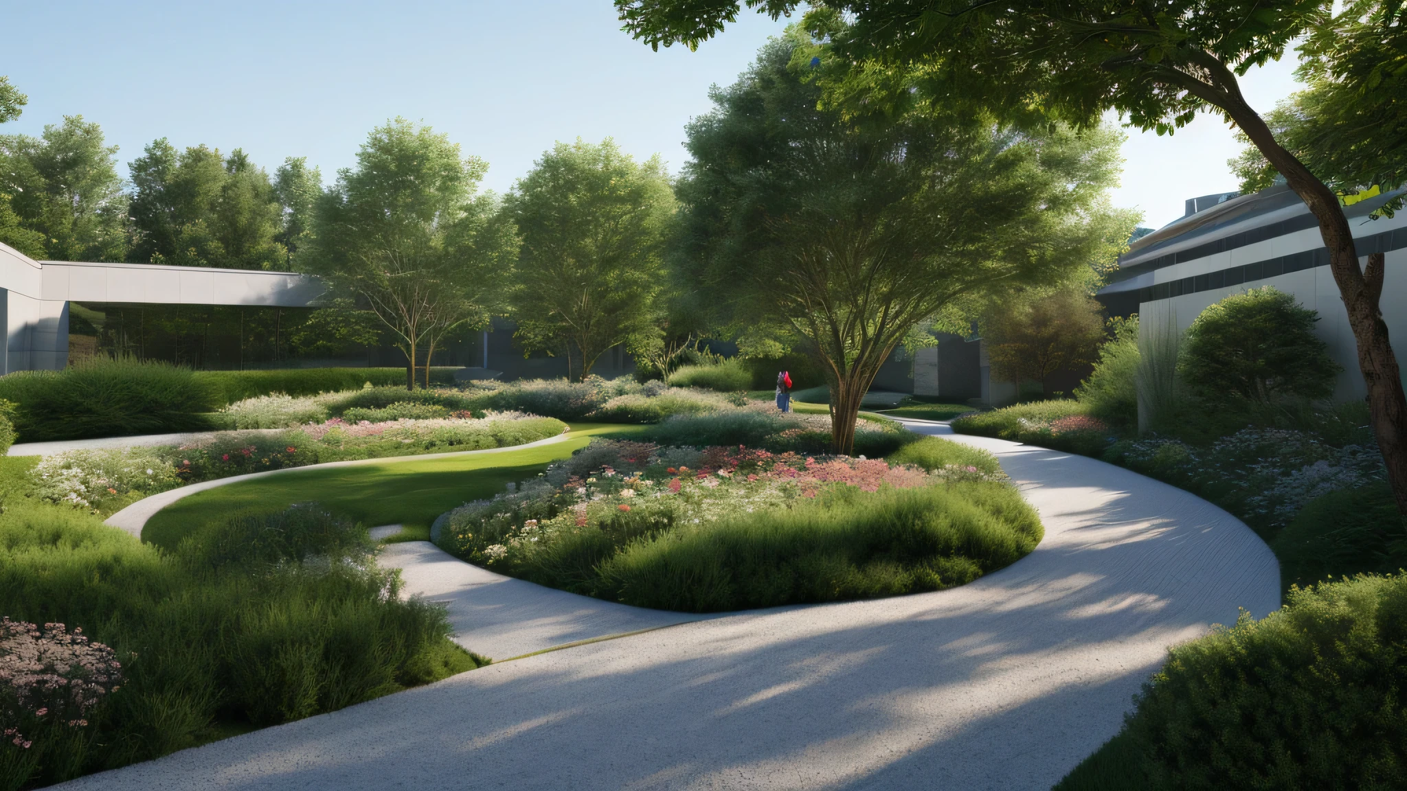 Outdoor sports,Flowers园,gravel path,Flowers,grassy,that tree,bushing,