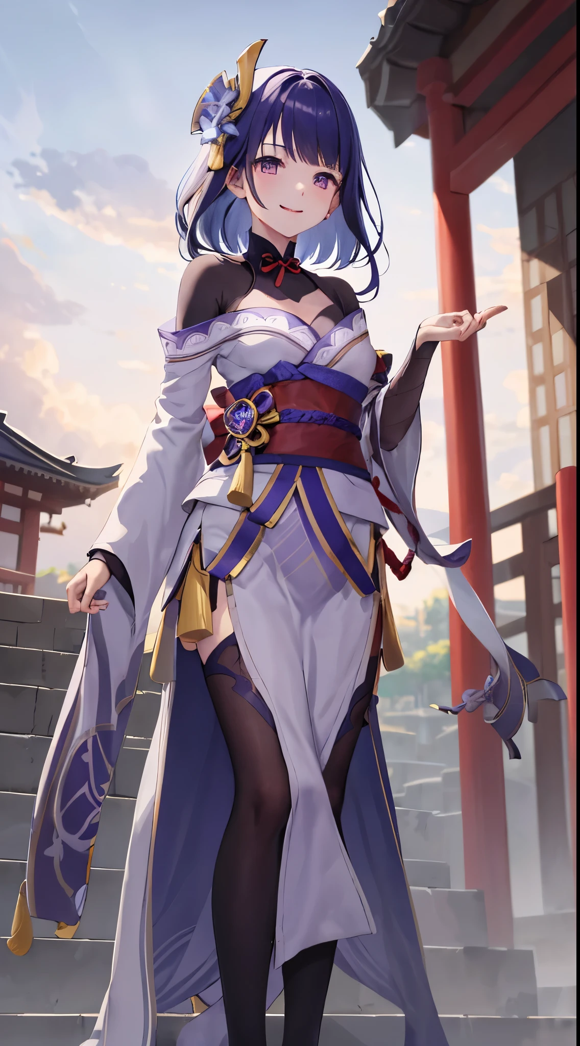 Raiden general, The upper part of the body, ssmile, Be red in the face, Outdoor activities, daysies, Background with, blue daysies空, short detailed hair, daysies空, temple, looking at viewert, stairways, mont, moody light, facing to audience,
