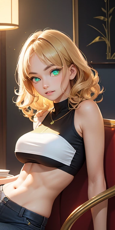 baby face, very short gold hair,curly hair,wavy hair, (photorealistic:1.4), (masterpiece, sidelights, exquisite beautiful eyes: 1.5), masterpiece*portrait, realistic, 3D face,,kawaii face,front view: 1.5、 (glowing green eyes:1.2),plump face:1.5,(tareme:1.5)、clenched teeth、(dark persona:1.2),Rosy Mouth,Slim Body,abs, shiny hair, shiny skin: 1.5、large breasts:1.3,solo,(sit)、(cutout between underboob and crop top)、(charactor focus:1.5、portrait)、upper body,