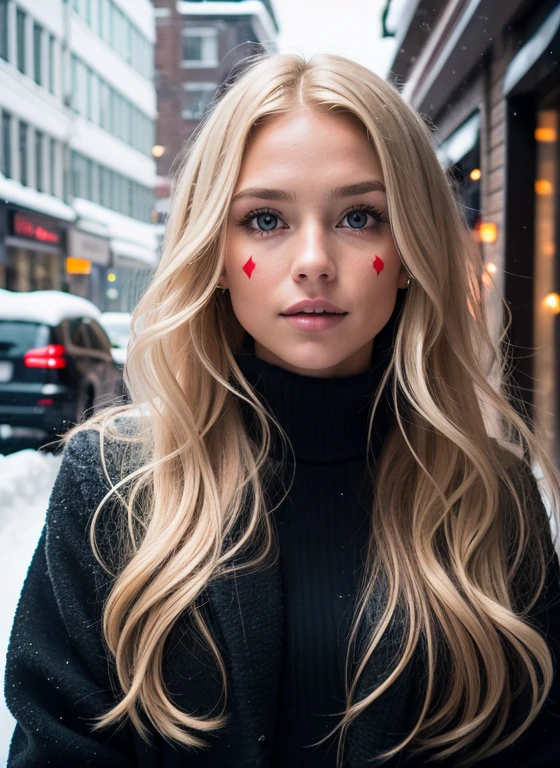 Professional portrait photo of a beautiful Norwegian girl,completely nude, with long wavy blond hair, sultry flirtatious look, Sommersprossen, Beautiful symmetrical face, cute natural makeup, Standing outside in the snowy city street