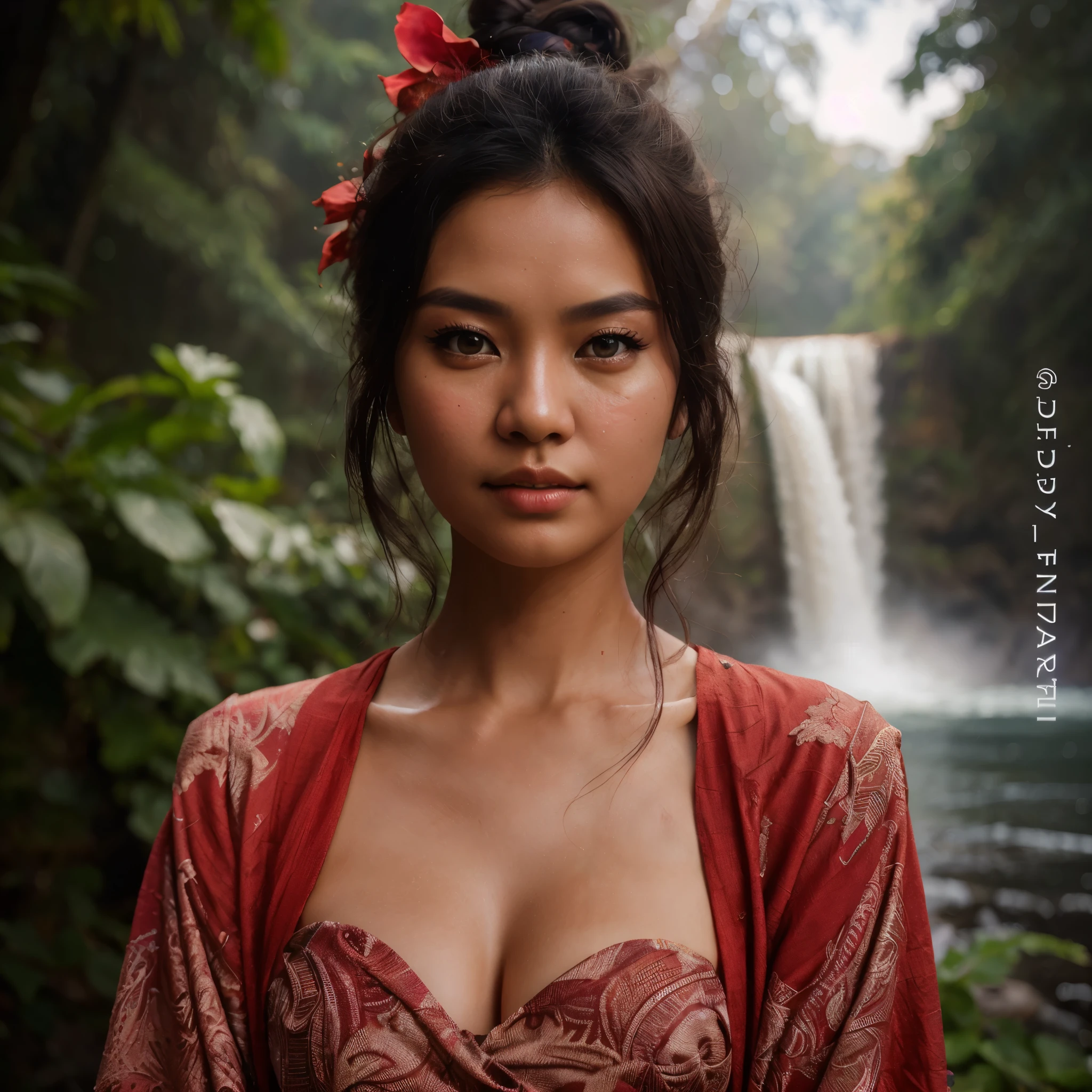 arafed image of a woman in a red dress in front of a waterfall, inspired by Rudy Siswanto, by Rudy Siswanto, by Eddie Mendoza, beautiful digital artwork, ross tran 8 k, beautiful digital illustration, by Galen Dara, with beautiful exotic, rossdraws global illumination, wlop and ross tran, anton fadeev 8 k, masterpiece, (best quality:1.2),,(8k,highres,RAW photo,realistic,photo-realistic:1.3),(detailed skin texture,detailed cloth texture,beautiful detailed face:1.25),professional lighting,photon mapping,beautiful soft light,radiosity,physically-based rendering,raytracing, model shoot style, model shoot style, (extremely detailed CG unity 8k wallpaper), full shot body photo of the most beautiful artwork in the world, (((Hasselblad camera))), proffesional photo