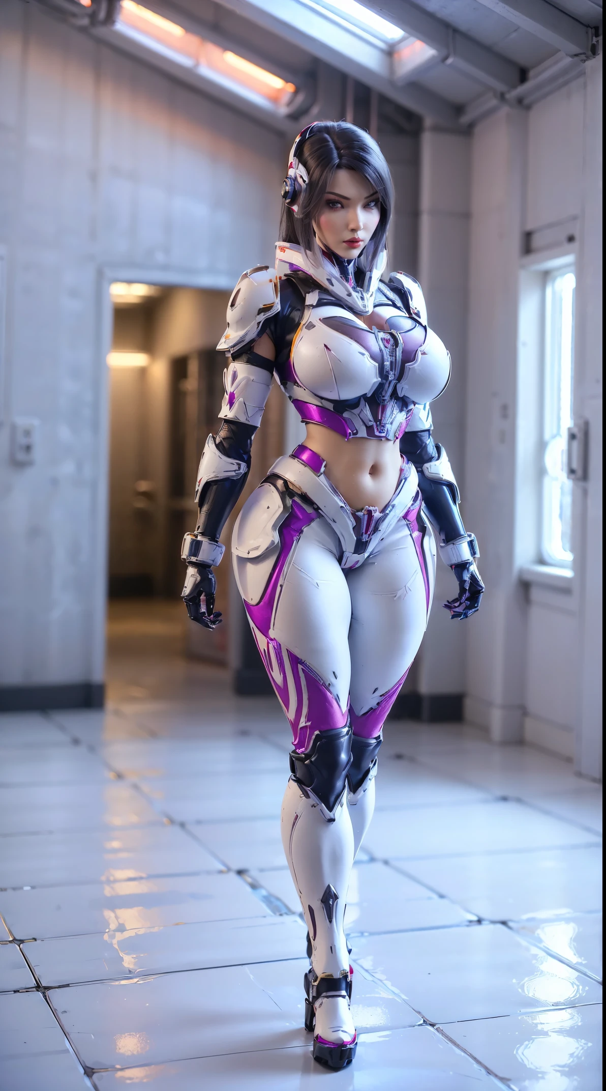 (1GIRL,SOLO:2), (A beauty girl with black hair), ((BIG BUTTOCKS, HUGE FAKE BREASTS:1.5)), (CLEAVAGE TOP:1.5), (MUSCLE ABS FEMALE:1.4), (MECHA GUARD ARM:1.4), ((WEAR MAGENTA RED WHITE OVERWATCH MECHANICAL ARMOR CROP TOP, BLACK MECHANICAL SKINTIGHT SUIT PANTS, MECHA GUARD ARMOR LEGS, HIGH HEELS:1.5)), (LEWD VOLUPTUOUS BODY:1.3), (GLOSSY SKIN:0.8), (LONG LEGS, FULL BODY:1.1), (LOOKING AT VIEWER:1.3), (female focus:0.886), (WALKING DOWN HALLWAY OF FUTURISTIC SPACE STATION:1), (BRIGHT LIGHT WHITE_ROOM:1.3), SUPER TEXTURE, UNREAL ENGINE RENDER, PHYSICALLY-BASED RENDERING, ULTRA HIGHT DEFINITION, 16K, 1080P.