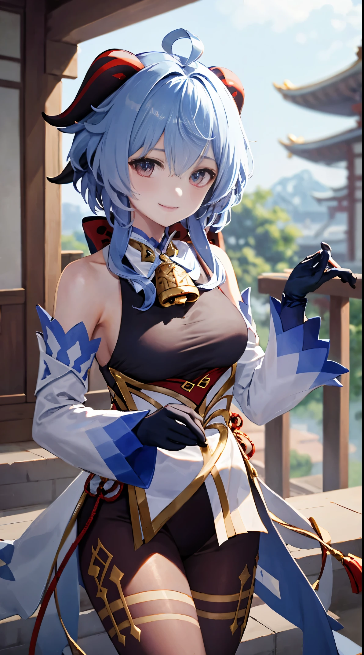 Ganyudev, The upper part of the body, ssmile, Be red in the face, Outdoor activities, daysies, Background with, blue daysies空, short detailed hair, daysies空, temple, looking at viewert, stairways, mont, moody light,