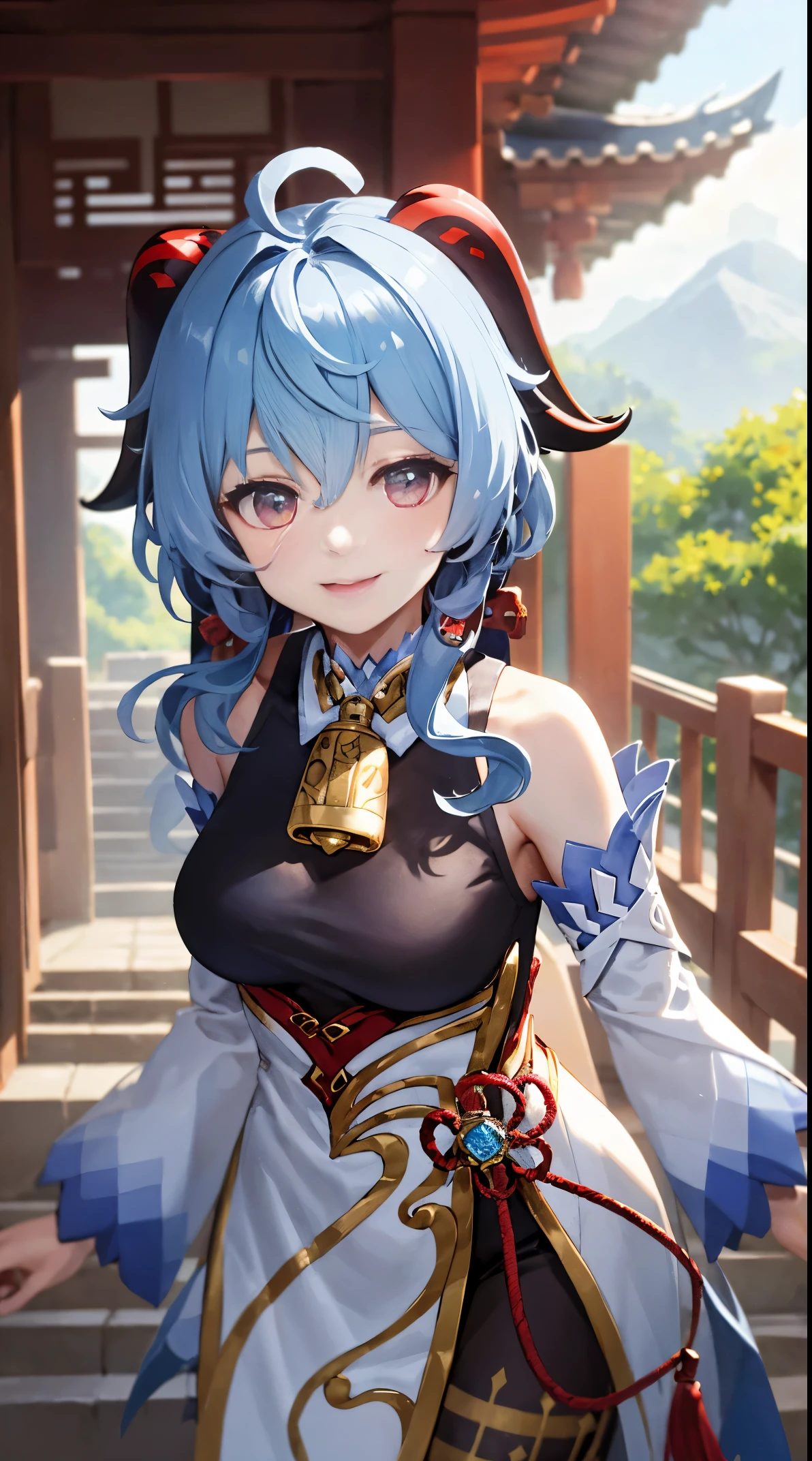 Ganyudev, The upper part of the body, ssmile, Be red in the face, Outdoor activities, daysies, Background with, blue daysies空, short detailed hair, daysies空, temple, looking at viewert, stairways, mont, moody light,