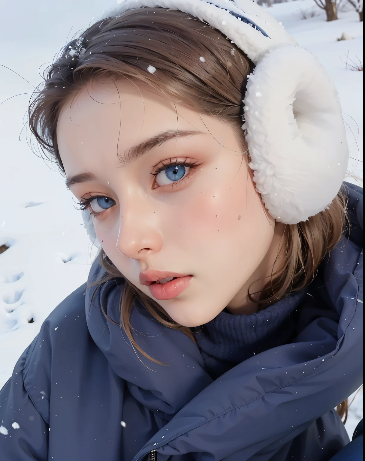 Chica arafed con una chaqueta azul y orejeras blancas., in the nieve, ojos helados, in nieve, Estilo de Julia Razumova, Retrato Sophie Mudd, angelina stroganova, Anna Nikolanova aka Newmilky, Dasha Taran, foto de perfil, En invierno, (nieve), Cara perfecta ), covered in nieve