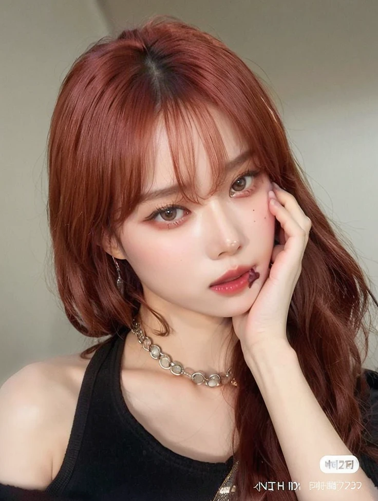 um close up de uma mulher com cabelos ruivos e um colar, Lalisa Manobal, Ulzzang, Lalisa Manoban do Blackpink, cabelo castanho coral, com franja, Dom Yunjoo, franja marrom, maquiagem coreana popular, jossi do blackpink, com franja completa, dilraba dilmurat, maquiagem sul-coreana popular, franja de cortina