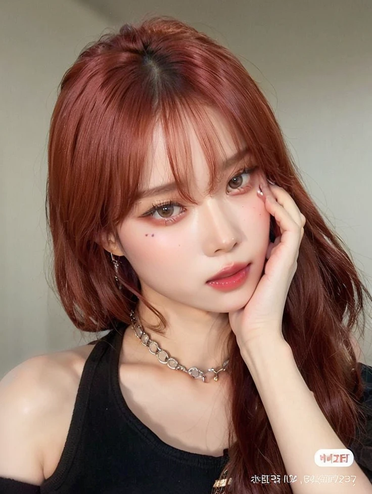 um close up de uma mulher com cabelos ruivos e um colar, Lalisa Manobal, Ulzzang, Lalisa Manoban do Blackpink, cabelo castanho coral, com franja, Dom Yunjoo, franja marrom, maquiagem coreana popular, jossi do blackpink, com franja completa, dilraba dilmurat, maquiagem sul-coreana popular, franja de cortina