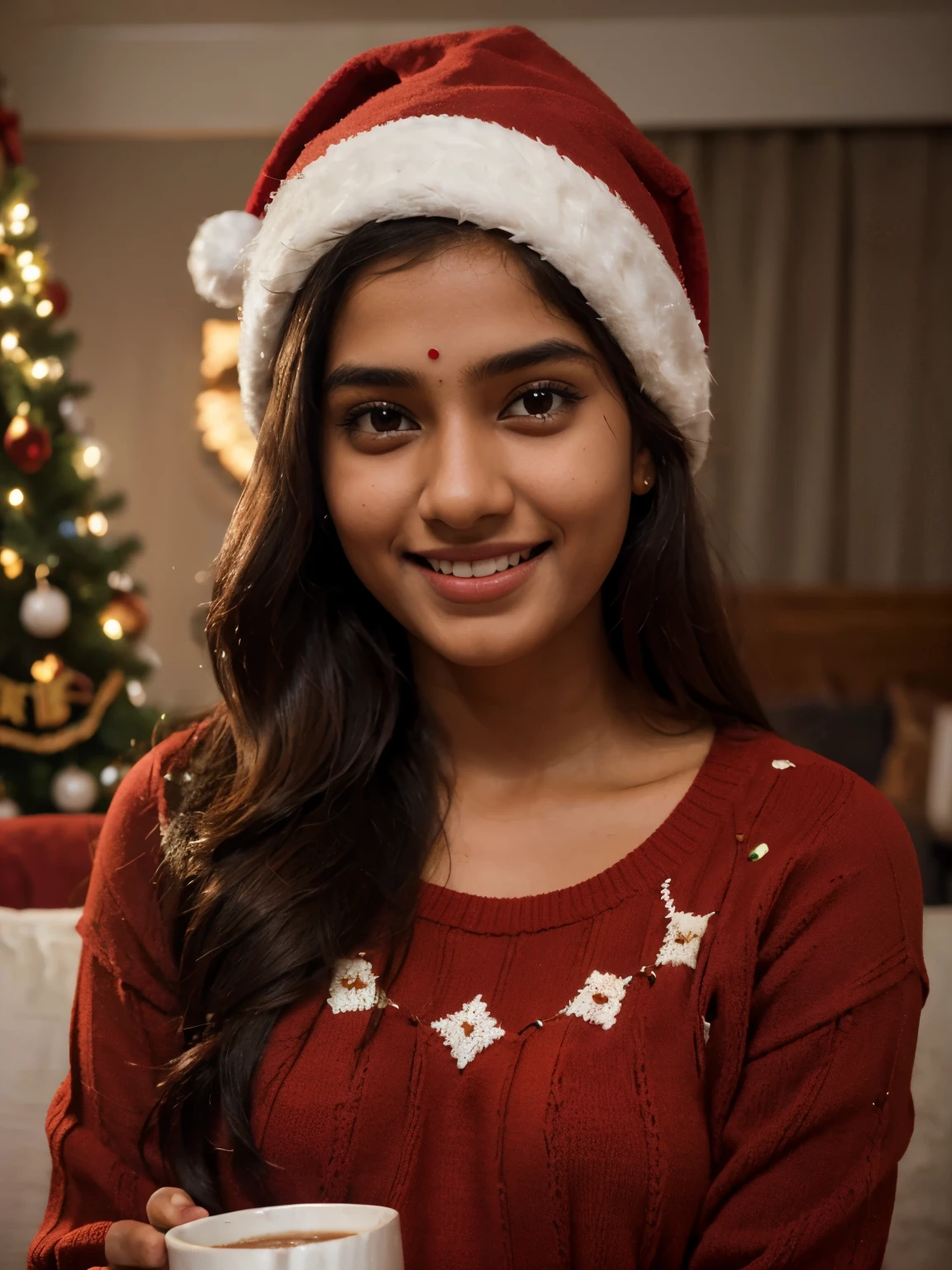 1cute confident young indian girl wearing a thick red sweater and a santa hat drinking hot chocolate, wide smile, candid, height 160 centimetres, petite build, fair skin, average hair length of 60 centimetres, photorealistic, detailed eyes, highly detailed, 8k, high contrast, detailed skin texture, ultra-detailed
