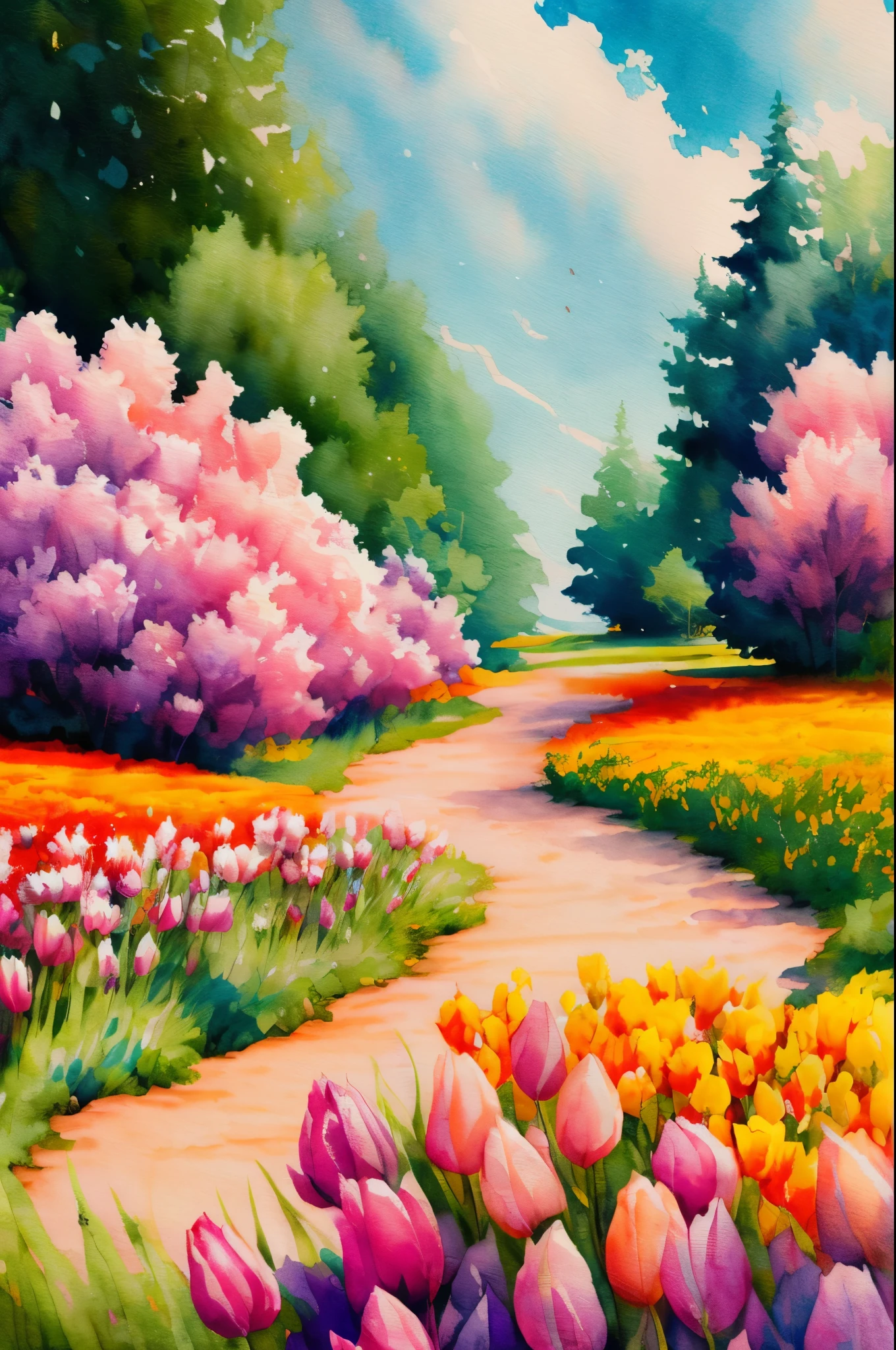 wtrcolor style, scenery, scenery very for greetings Card, Digital art of one landscape scenery with flowers, mainly tulips, birds, use a high variety of flowers, a lot of different flowers, official art, masterpiece, Beautiful, ((watercolor)), paint splatter, intricate details. Highly detailed, detailed, [dripping:0.5], Trending on artstation, by Rachel Walker, looking like a real painting, centered, highly detailed, Best quality, masterpiece,