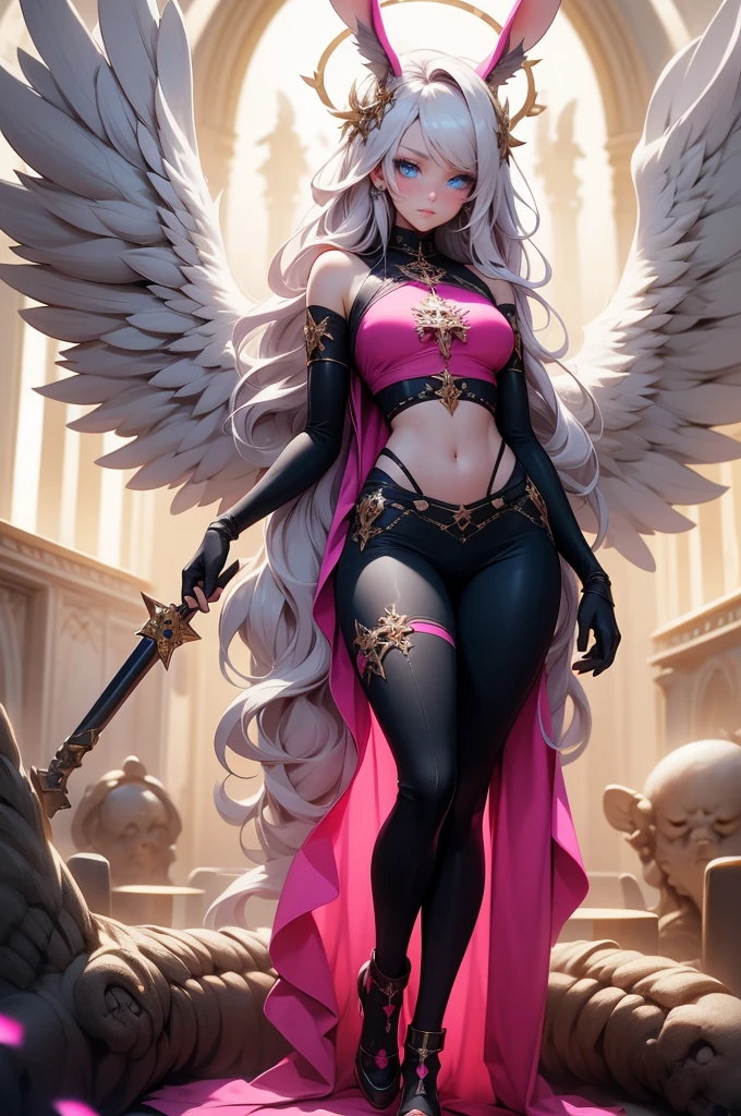 {-erro_de_anatomia:1.0} woman, solo, long hair, breasts, sideboob, areola, long white hair, white stockings, pink heart-shaped wings, compass rose halo, wings, navel, gloves, bunny ears, diaphragm, magic circle, asymmetrical legwear, angel, angel wings, small pink wing, animal ears, very long hair, blue eyes, pink wings, big breasts, mismatched pants, single shoe, feathered wings, blue eyes, shoes, high socks, crop top pink, cross, white hair, looking at the viewer