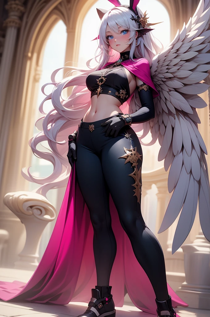 {-erro_de_anatomia:1.0} woman, solo, long hair, breasts, sideboob, areola, long white hair, white stockings, pink heart-shaped wings, compass rose halo, wings, navel, gloves, bunny ears, diaphragm, magic circle, asymmetrical legwear, angel, angel wings, small pink wing, animal ears, very long hair, blue eyes, pink wings, big breasts, mismatched pants, single shoe, feathered wings, blue eyes, shoes, high socks, crop top pink, cross, white hair, looking at the viewer