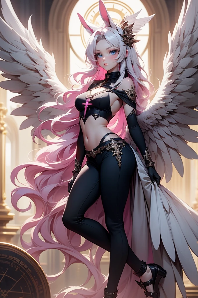 {-erro_de_anatomia:1.0} woman, solo, long hair, breasts, sideboob, areola, long white hair, white stockings, pink heart-shaped wings, compass rose halo, wings, navel, gloves, bunny ears, diaphragm, magic circle, asymmetrical legwear, angel, angel wings, small pink wing, animal ears, very long hair, blue eyes, pink wings, big breasts, mismatched pants, single shoe, feathered wings, blue eyes, shoes, high socks, crop top pink, cross, white hair, looking at the viewer