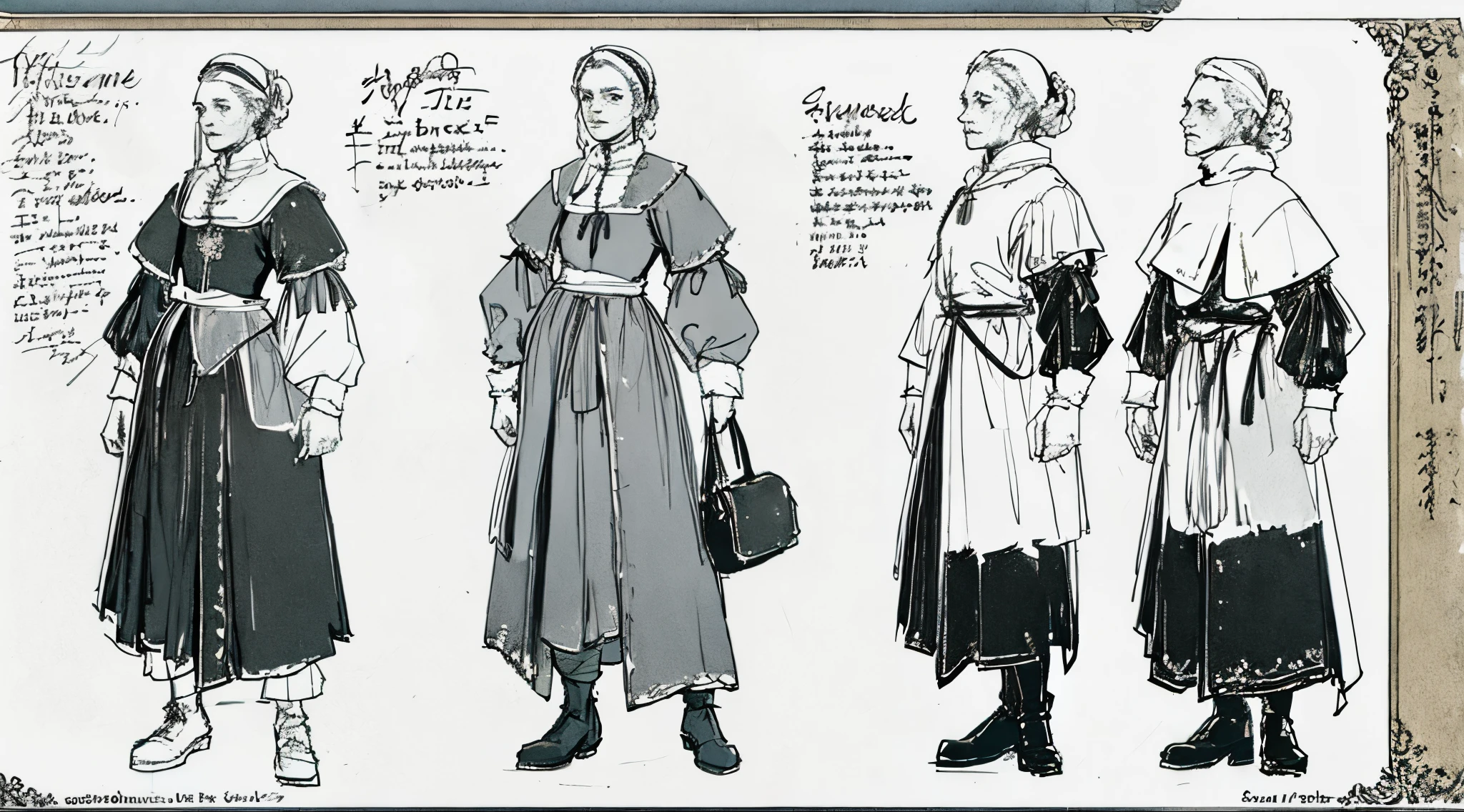 Concept art of elderly woman wearing shabby clothing, Middle Ages style， Character concept reference art, Three View