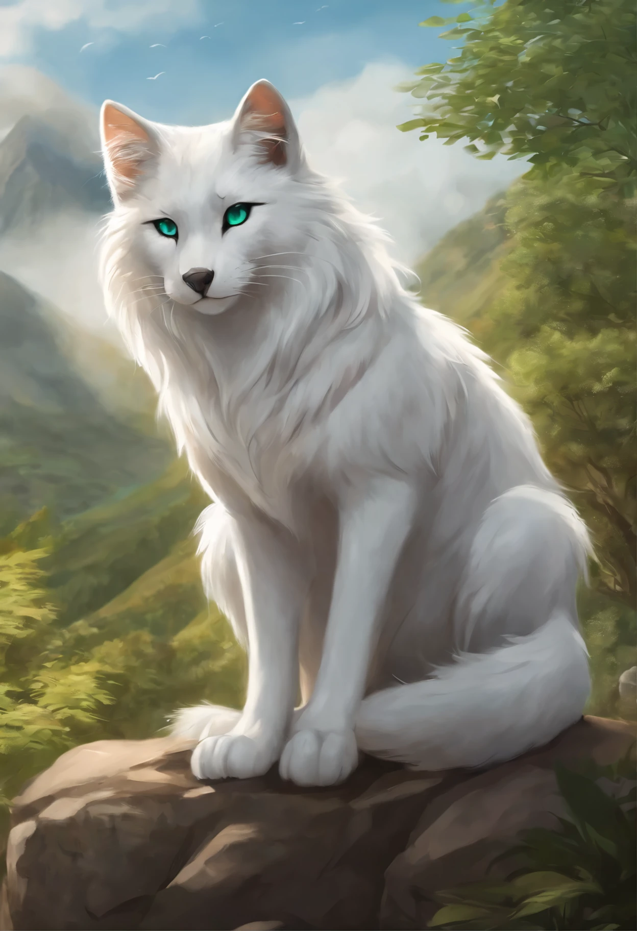 Anime Cat with green eyes and mouth open sitting on a rock, realistic Anime Cat, Warrior cats fan art, very very beautiful furry art, ashfur from Warrior cats, Anime Cat, white wolf, white fox anime, Growling, furry wolf, white wolf with blue eyes, a white wolf, an anthro wolf, Warrior cats, furry fantasy art