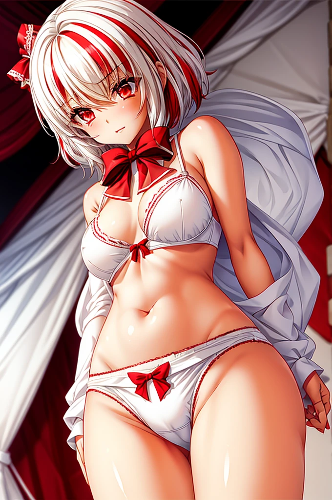 1girl, skinny, small breast, medium short fluffy hair, white hair, (red streaks hair), red eyes, white underwear, red small bow on bra, red small bow on panties