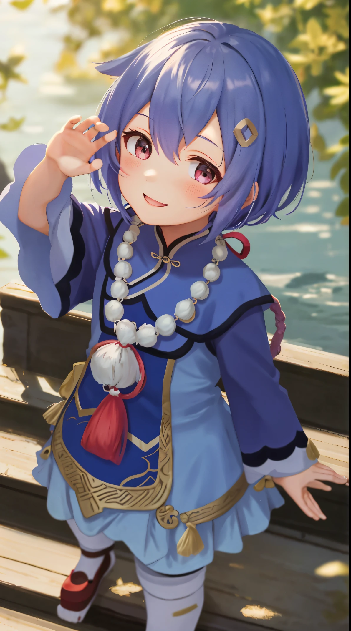 Qiqi De, full bodyesbian, sitted, ssmile, Be red in the face, Outdoor activities, daysies,  Background with, blue daysies空, short detailed hair, daysies空, temple, looking at viewert, sitted on stairs, mont, moody light,