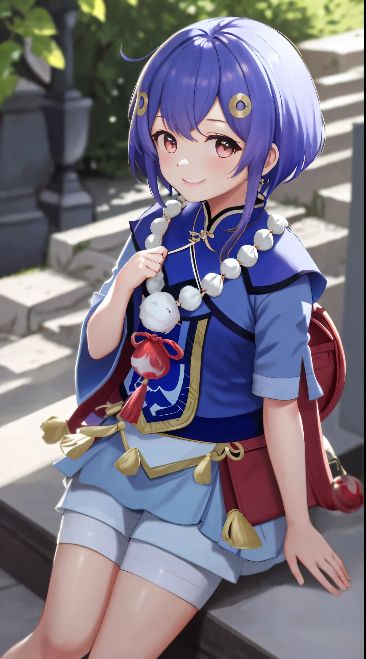 Qiqi De, full bodyesbian, sitted, ssmile, Be red in the face, Outdoor activities, daysies, Background with, blue daysies空, short detailed hair, daysies空, temple, looking at viewert, sitted on stairs, mont, moody light,