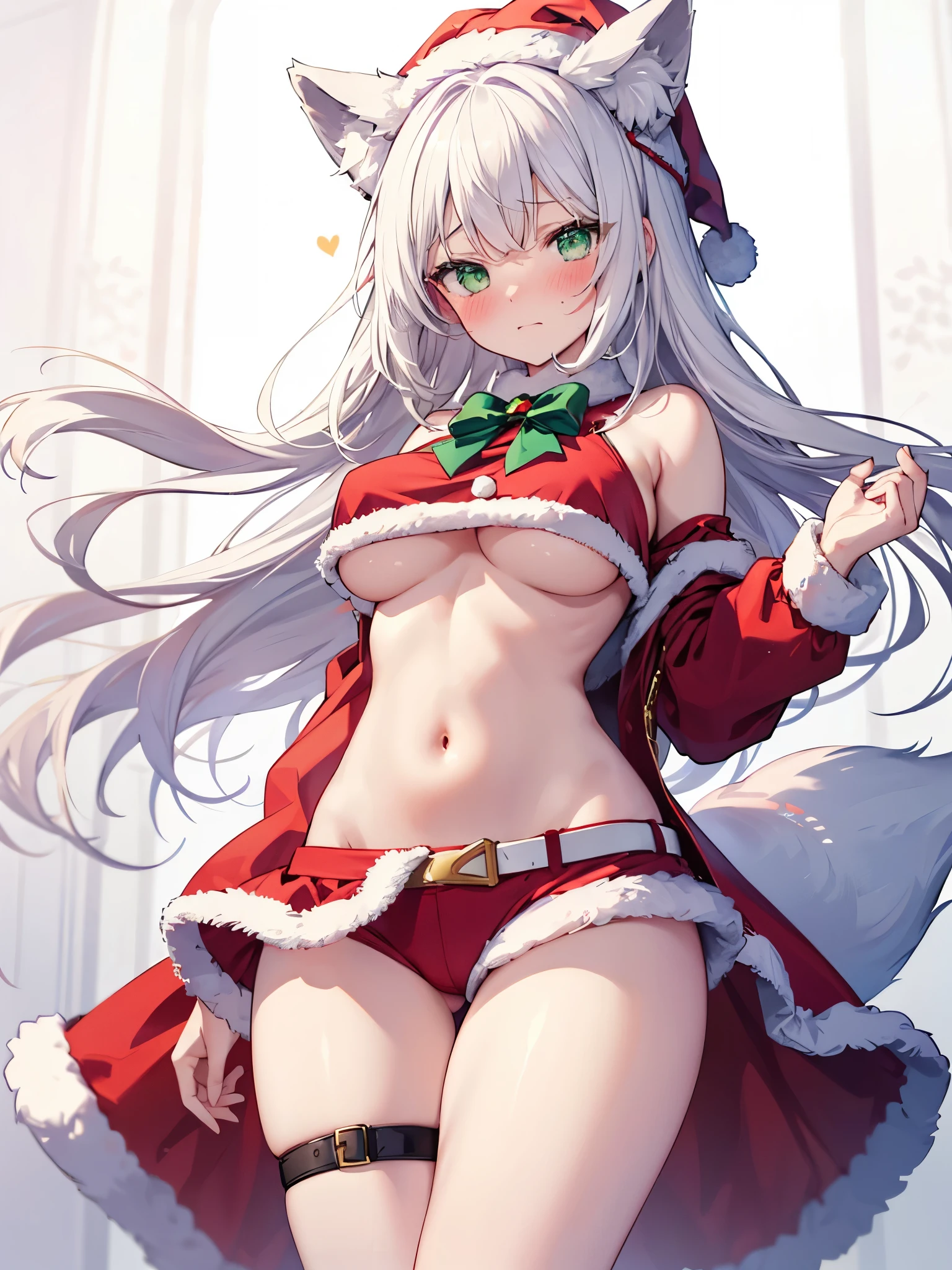 Underboobs, santa clothes, fox ears, white hair, shy, blush, embarrassed, thighs straps, green eyes, thigh s, detailed,