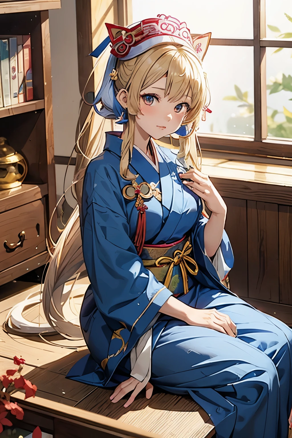 anime girl sitting on the shelf, alchemist girl, splash art anime loli, Shirabii, hanayamata, Anime visuals of cute girls, touhou character, touhou project official artwork, Anime fox girl wearing a kimono, shikishi, anime visual of a young woman,Yakumo Blue, Blonde fox,