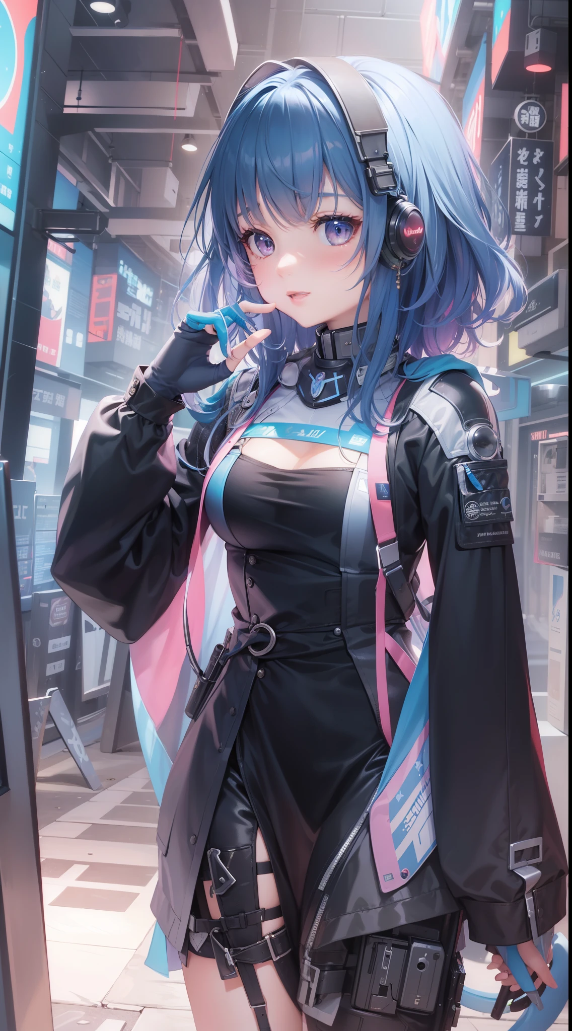 Beautiful woman long blue hair、cyberpunk style short clothes、gazing at viewer、front facing、A slight smil