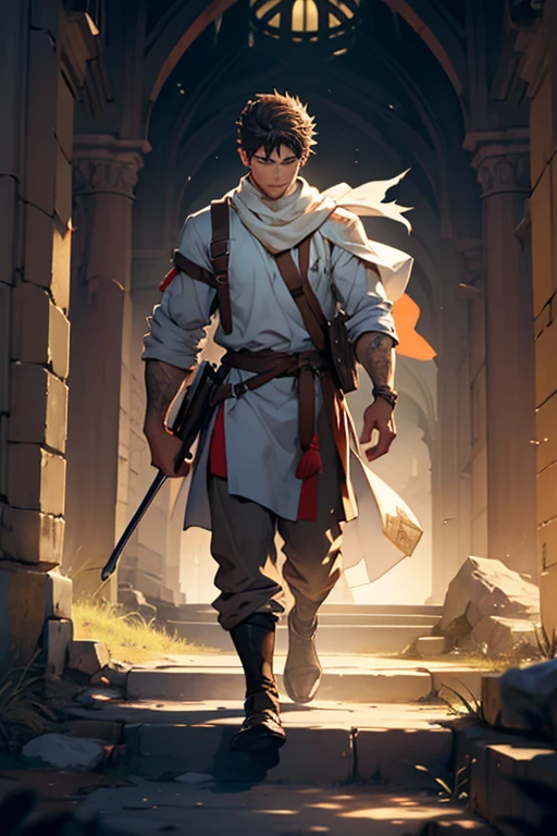 a battle scarred young man walking in the word of God towards Christ, insanely detailed