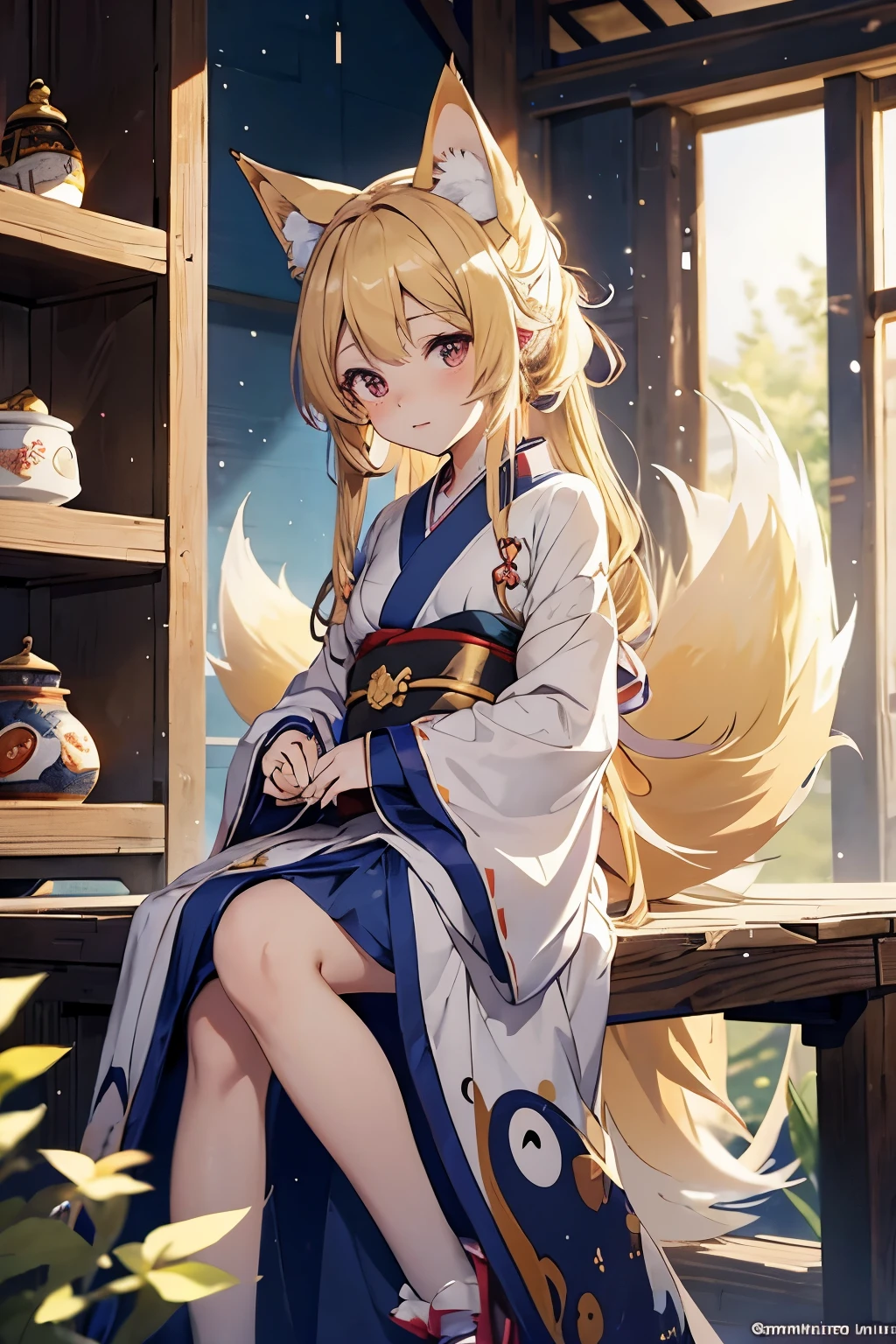 anime girl sitting on the shelf, alchemist girl, splash art anime loli, Shirabii, hanayamata, Anime visuals of cute girls, touhou character, touhou project official artwork, Anime fox girl wearing a kimono, shikishi, anime visual of a young woman,Yakumo Blue, Blonde fox,9 tails,