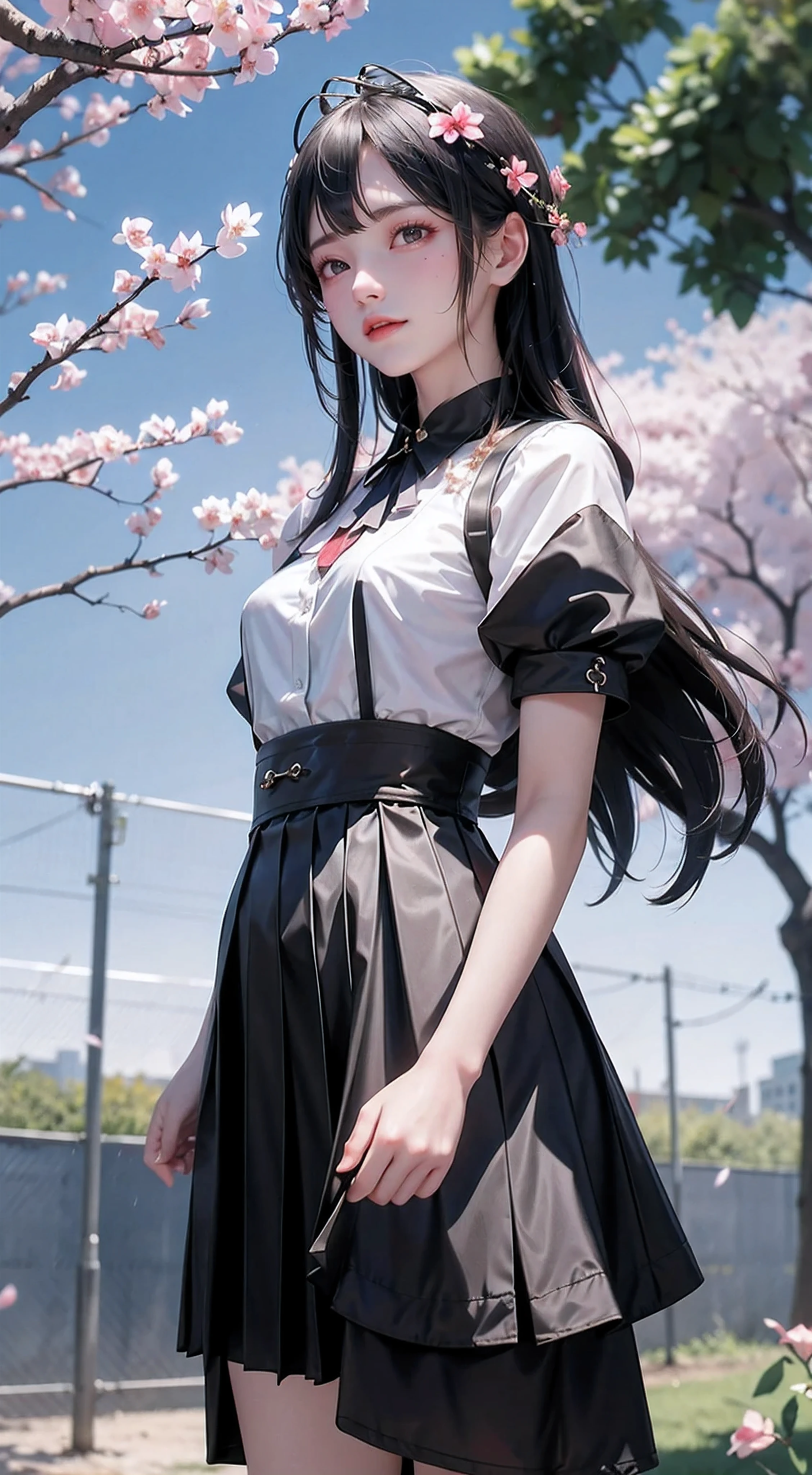 1个Giant Breast Girl, black a skirt, Branch, buliding, chain-link zaun, SakuraNS, zaun, long whitr hair, Outdoor activities, petals, pleated a skirt, Sateen, The shirt, short- sleeved, a skirt, Alone, Permanent, The tree,
Skysky,sThe treet