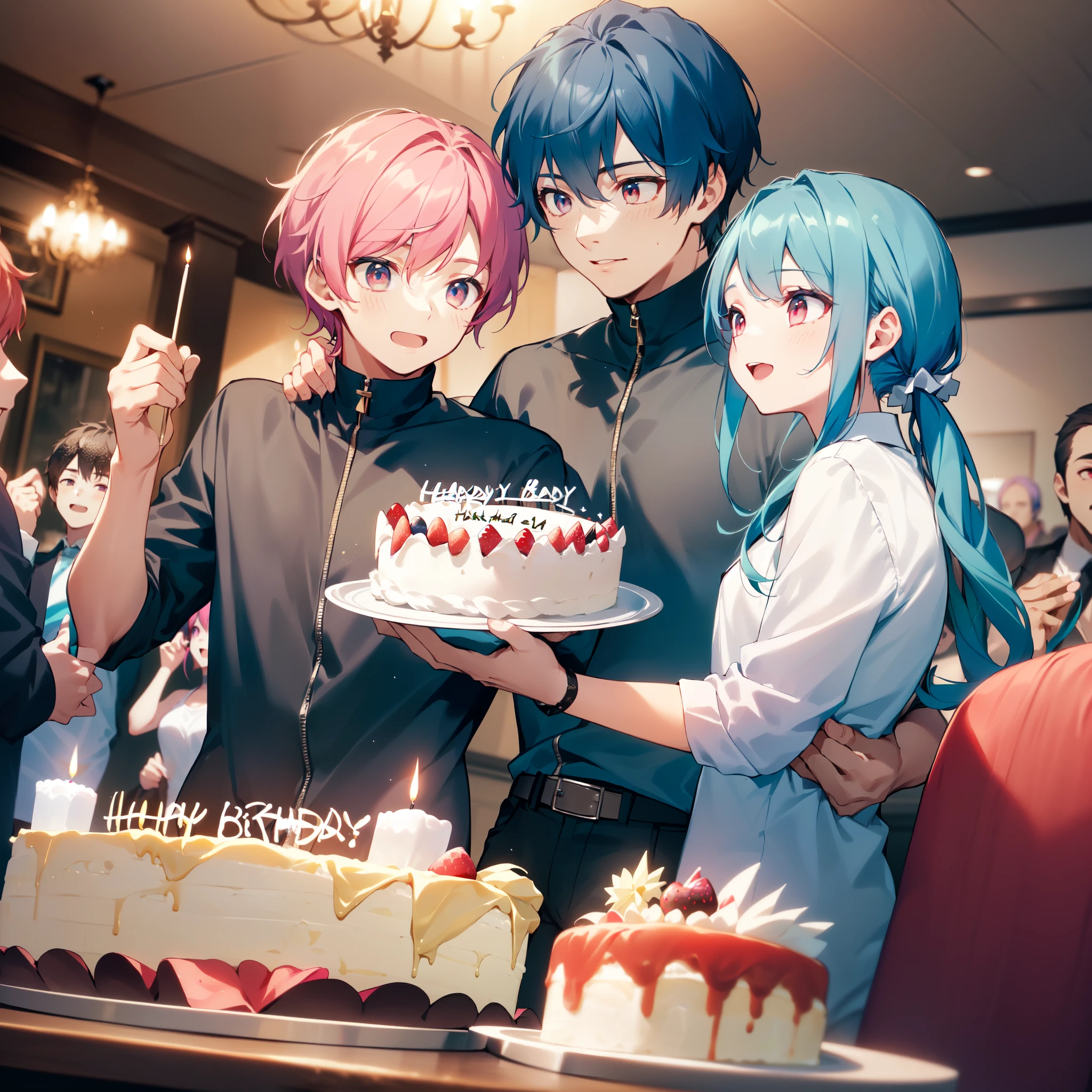 "Men and women in their 15s, (Celebrating a boy's birthday)), ((boy with blue hair, blue eyes)), ((girl with pink hair, pink eyes, long hair, two pigtails, holding a birthday cake))