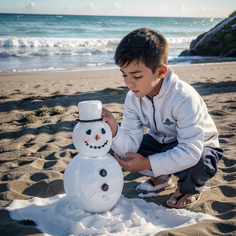 Make a boy making snowman in beach