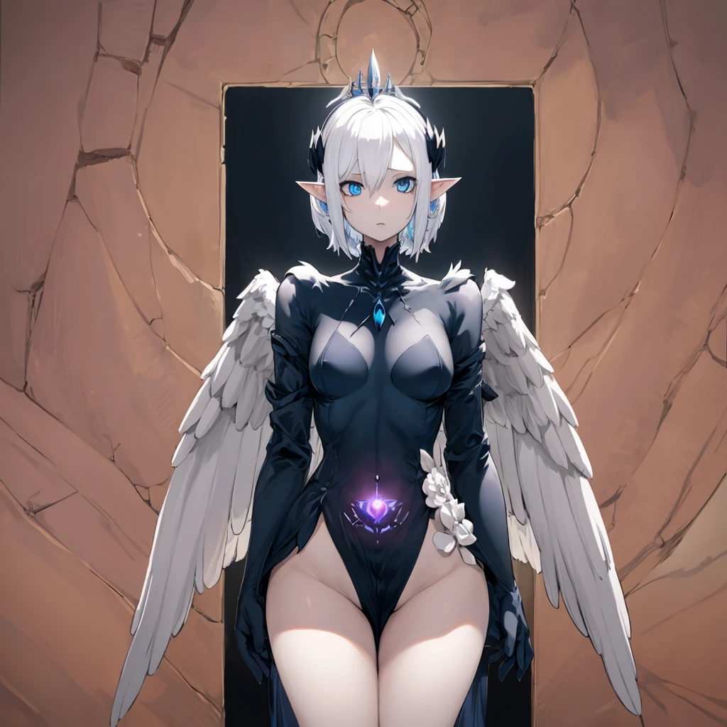 Female harpy, mind control device, white wings, blue eyes, small breasts