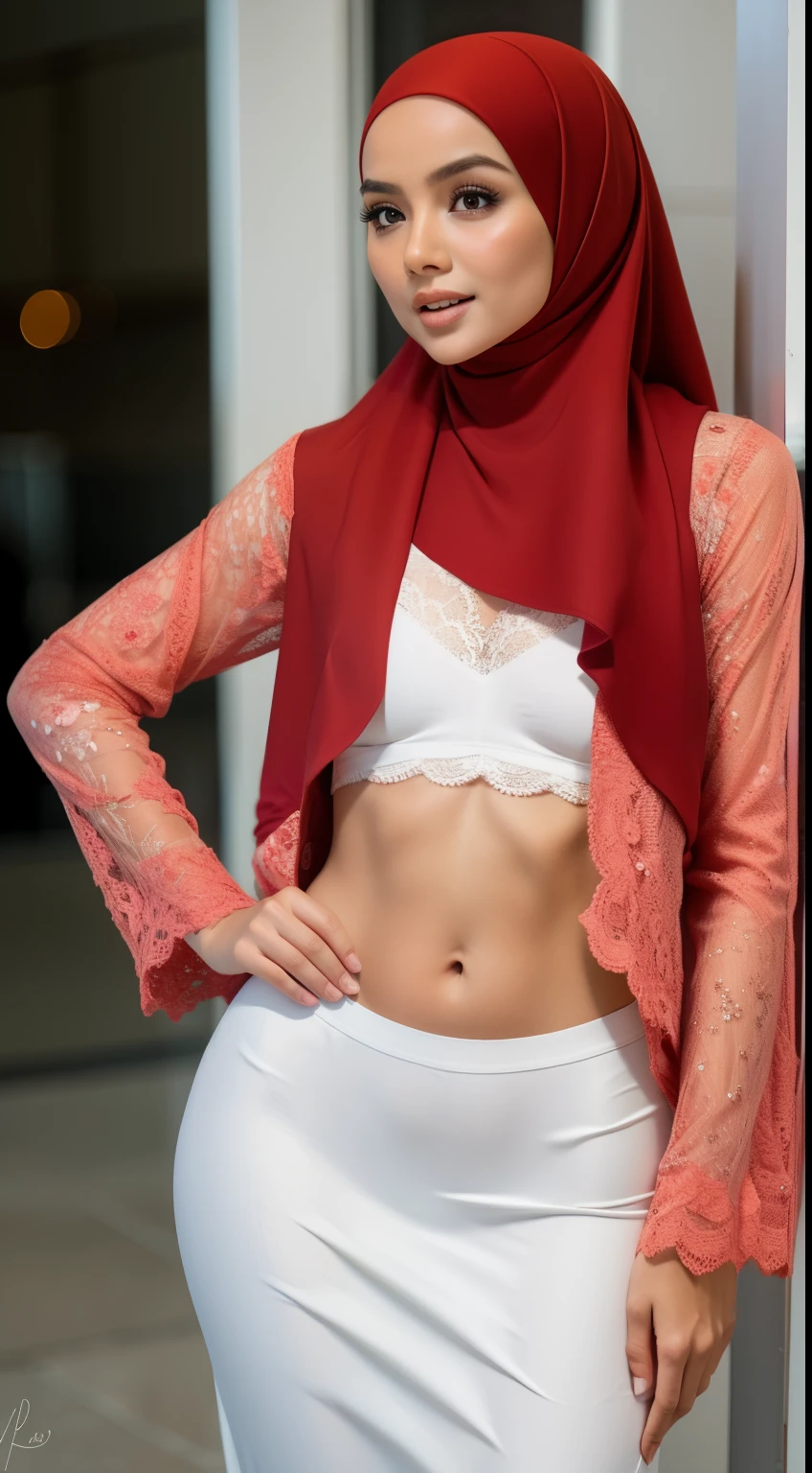 1 malay woman in hijab,(( red lace bra and panties)),(large buttocks),Emphasize ass,Smaller chest, laughing smile, (hijab flying), de pele branca,big breasts thin waist, egypt style street, Hyper-Realism, Cinematic lighting, depth of fields, From below, vanishing point, F/2.8,  Anatomically correct, Textured skin, Super Detail, award winning, Best Quality, hight resolution, 8k,