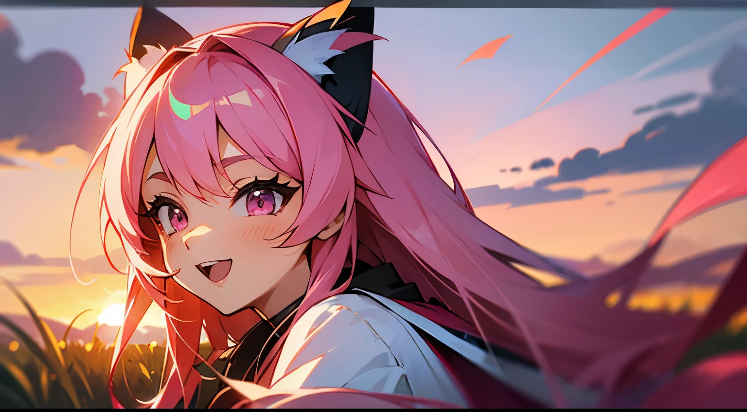 grass field,the sunset,Long pink hair,Pink eyes,校服,of laughter,8K分辨率