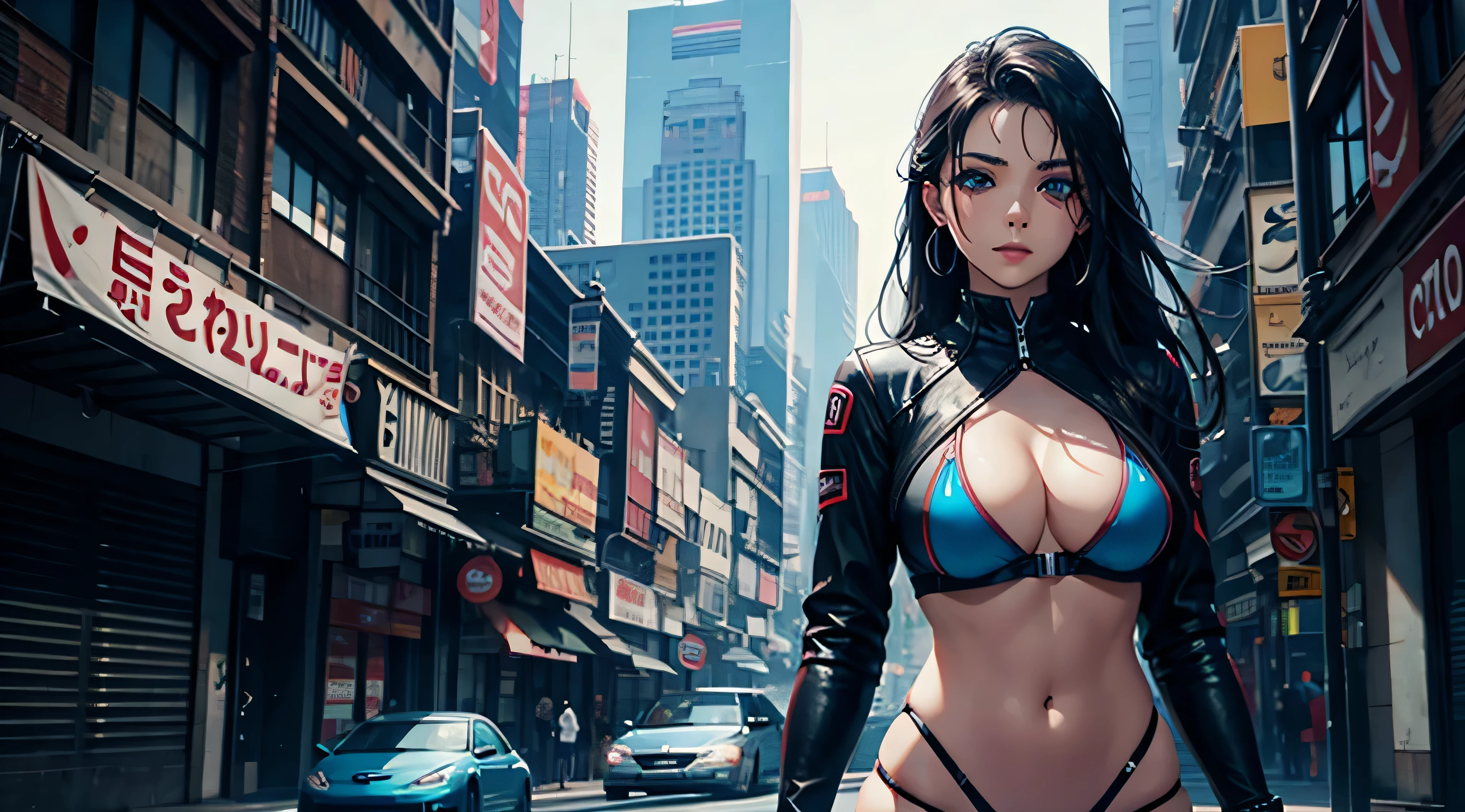 mujer hermosa, ojos azules , en bikini , estililo cyber punk en la ciudad