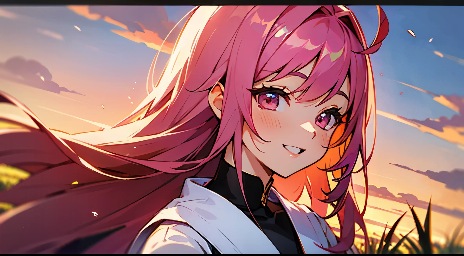 grass field，the sunset，Long pink hair，Pink eyes，校服，of laughter，8K分辨率