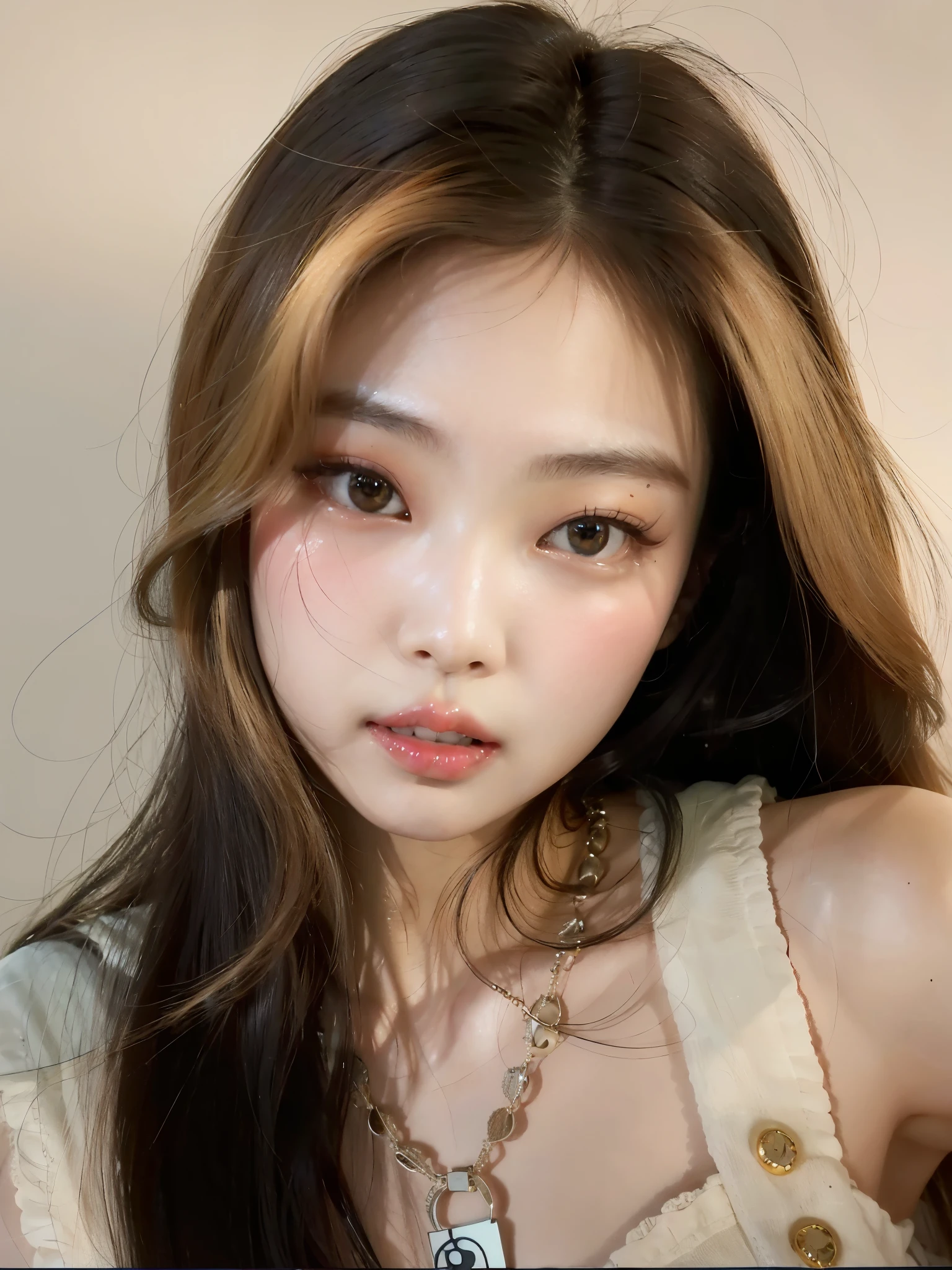 Arafed Asian woman with long curly hair and a necklace on, young adorable korean face, wan adorable korean face, maquiagem sul-coreana popular, maquiagem coreana popular, kawaii retrato realista, Fotografia selfie 8k, com rosto redondo, korean face features, Ulzzang, foto retrato suave 8 k, linda mulher coreana jovem, pale round face,  coreana, beautiful aesthetic face