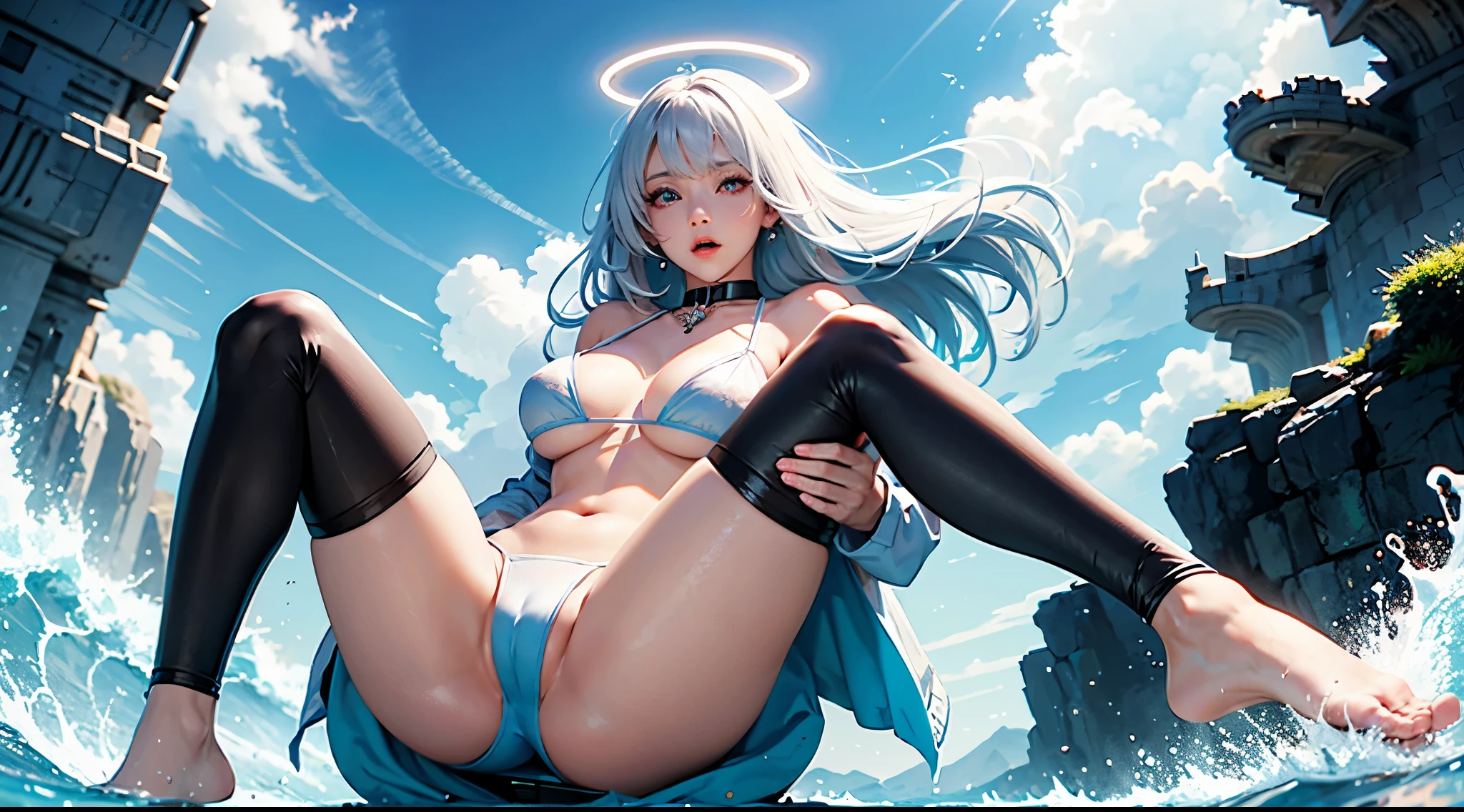 Best quality at best,nabel,比基尼,hand on her own chest,The halo,full bodyesbian,wide blue eyes,Raised sexy,8K,,Beth,By the beach,lacepantyhose,with her mouth open,Open your legs,cute big breasts鼻子,cute big breasts,The mouth is relatively large,The legs are relatively long,Big chest,The eyes are relatively large,long whitr hair,The eyeballs are relatively large,Eyes sparkle,Naked foot,The nose is relatively large,white color hair,No shoes,prette,bikini,at a forest,Long legs,cute big breasts脸,vagina,Being fixed in a running posture by a ,A little boyng,把时间停止定住了cute big breasts少女,Collar,Exposure to urine,