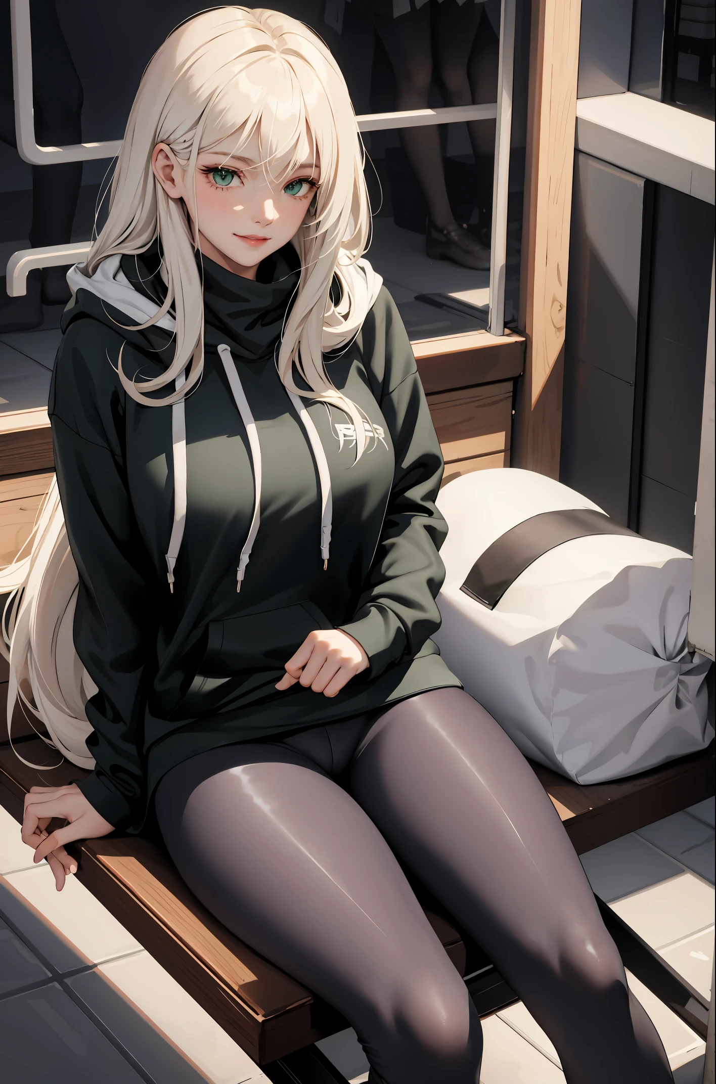 (masterpiece:1.2, best quality), (real picture, intricate details), 1lady, solo, upper body, showing legs, sitting down, school , school settings, long hair, minimal makeup, detailed face, smiling, really long light platinum blonde hair, bangs, hair between eyes, green eyes, big plump ???????, big ???, SFW, clothes, leggings, leggings pants, leggings, oversized hoodie, hoodie, leggings and hoodie, hoodie and leggings.