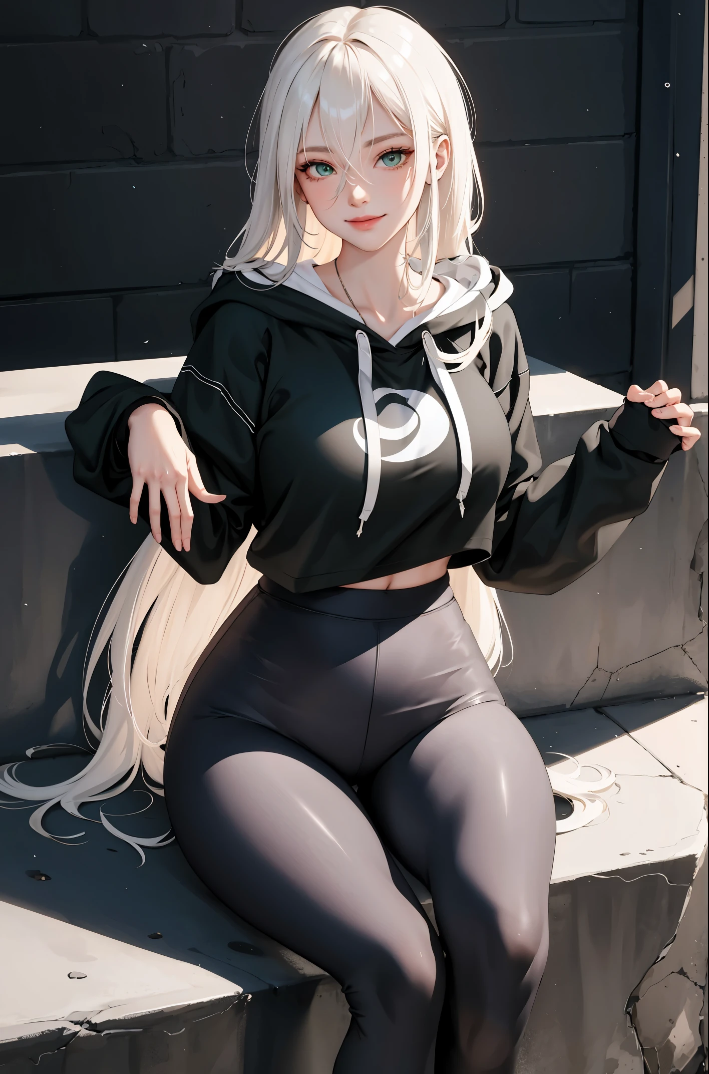 (masterpiece:1.2, best quality), (real picture, intricate details), 1lady, solo, upper body, showing legs, sitting down, school , school settings, long hair, minimal makeup, detailed face, smiling, really long light platinum blonde hair, bangs, hair between eyes, green eyes, big plump breasts, big ass, SFW, clothes, leggings, leggings pants, leggings, oversized hoodie, hoodie, leggings and hoodie, hoodie and leggings.