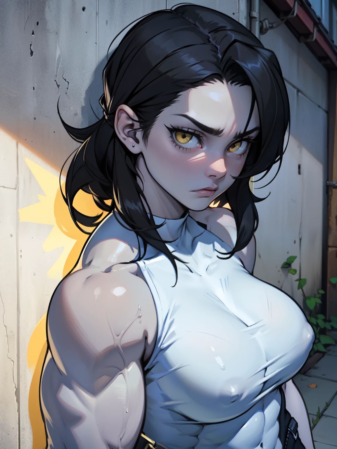 sad girl muscular girl sad girl muscular girl black hair yellow eyes pale skin breasts