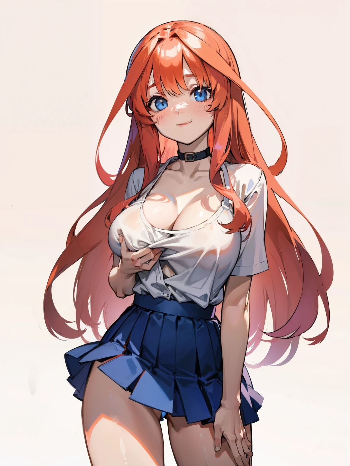 1girl, Anime girl with long hair, anime moe art style, Anime visuals of cute girls, Anime Best Girl, itsuki nakano fanart, pretty anime girl, Smooth Anime CG Art, Seductive Anime Girl, charming anime girls, Cute anime girl, Shining eyes, big boobs, ((looking at viewer)), ((smile)), close up, red hair, blue eyes,white shirt, cleavage, collar bones exposed, light boob cleavage, (portrait), cleavage, breast grab, ((panties)), from below, thick thighs, bedroom
