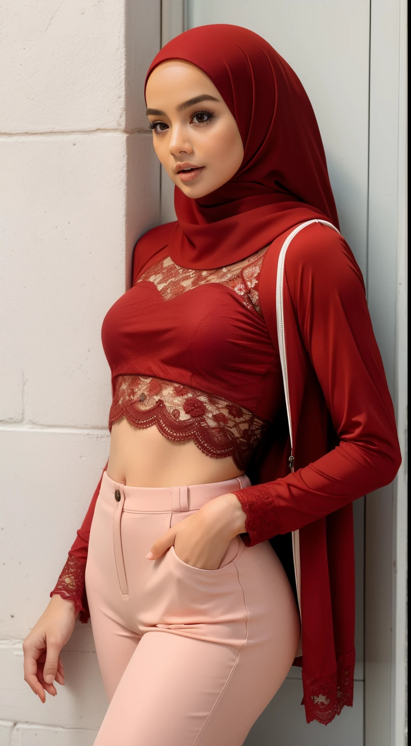 Malay girl in hijab, wear small floral pastel color lace panties slow run in college, jogging, wear backpack, front view, hijab blown, windy, detail skin, age spot, detail skin texture, mole below eyes, small breast, flat chest, wide hips, small waists, thick thighs, slim abs, beautiful body, nighttime, laughing, happy, bright lighting, college student in background, crowded college, blur background, bokeh, ((Flat Chest)), ((Red Lace)),