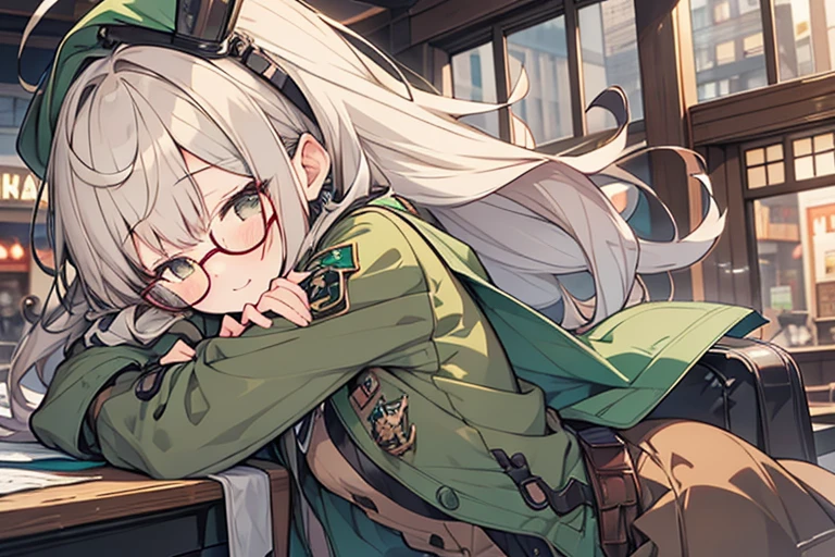 long ahoge,shirt,Glasses with thin rim,White hair,Brown eyes,Brown tie,brown skirt,dark green beret,Dark green jacket,girl with,steampunkai,sleepeace,retro city background